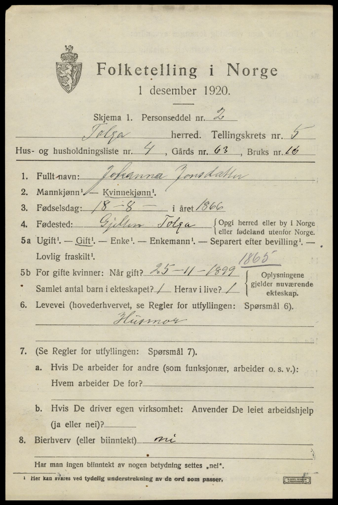 SAH, 1920 census for Tolga, 1920, p. 3257