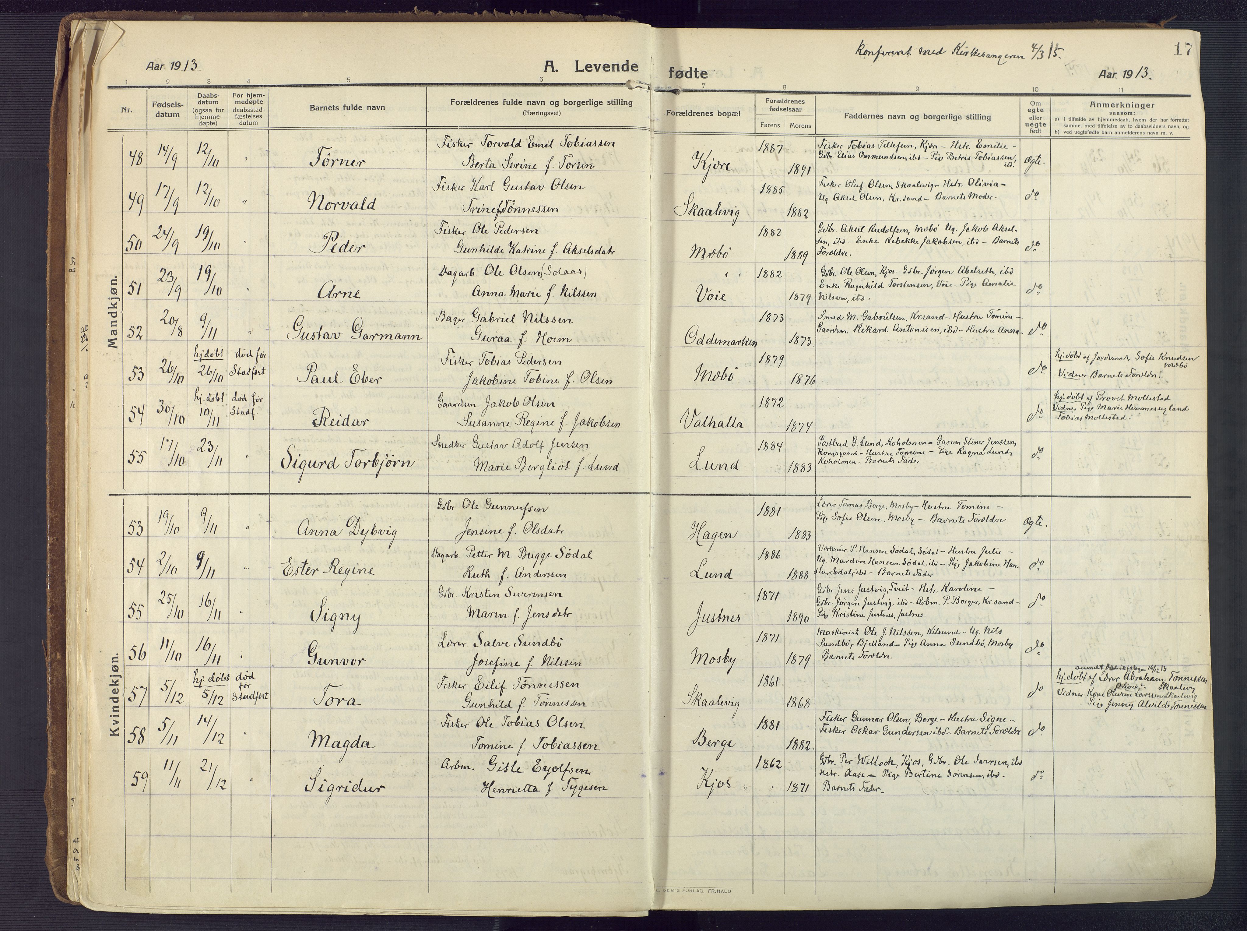 Oddernes sokneprestkontor, AV/SAK-1111-0033/F/Fa/Faa/L0012: Parish register (official) no. A 12, 1912-1925, p. 17