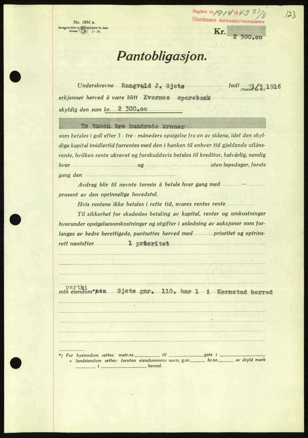 Nordmøre sorenskriveri, AV/SAT-A-4132/1/2/2Ca: Mortgage book no. B91, 1943-1944, Diary no: : 1914/1943