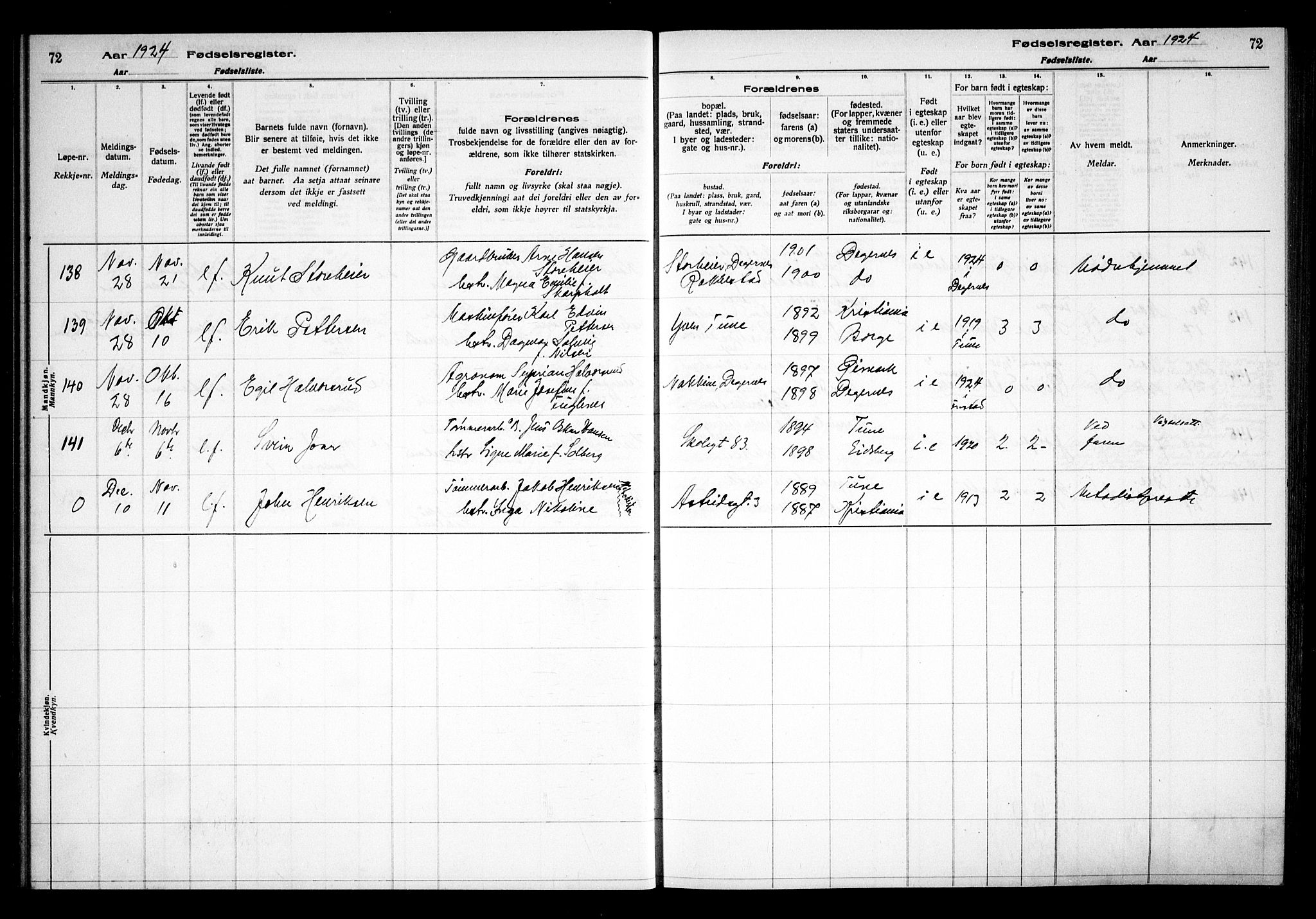 Sarpsborg prestekontor Kirkebøker, AV/SAO-A-2006/J/Ja/L0002: Birth register no. 2, 1922-1928, p. 72