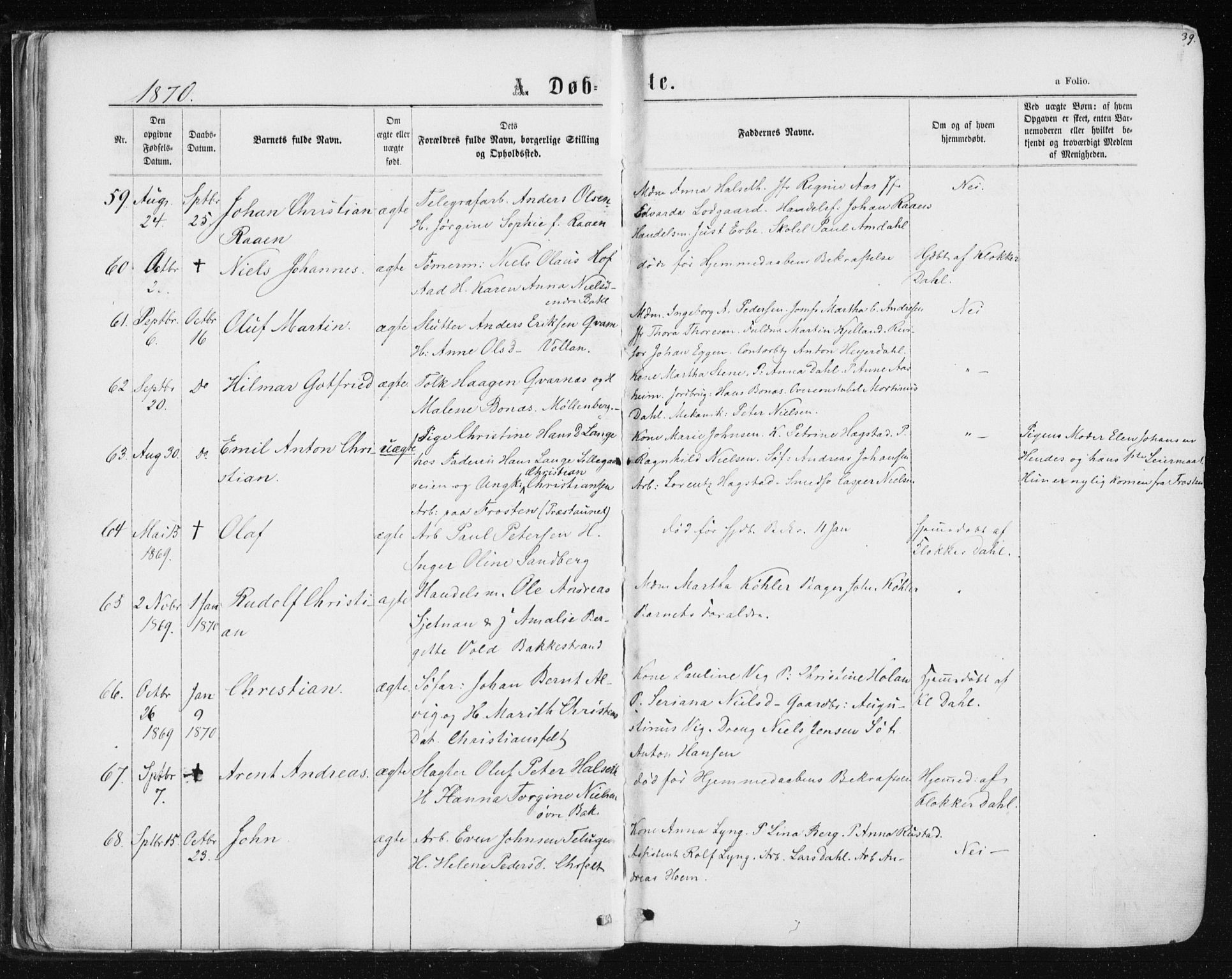 Ministerialprotokoller, klokkerbøker og fødselsregistre - Sør-Trøndelag, AV/SAT-A-1456/604/L0186: Parish register (official) no. 604A07, 1866-1877, p. 39