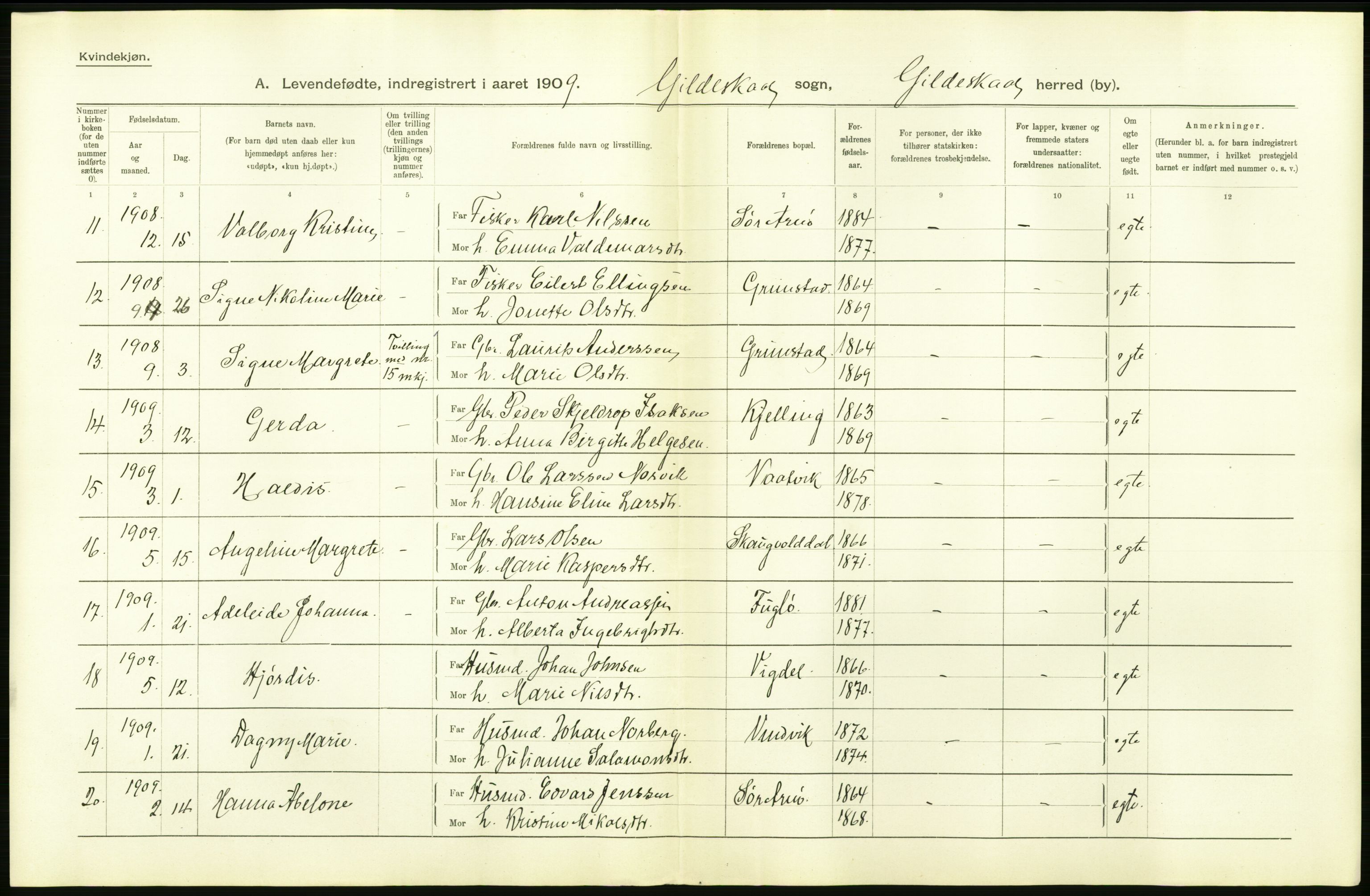 Statistisk sentralbyrå, Sosiodemografiske emner, Befolkning, AV/RA-S-2228/D/Df/Dfa/Dfag/L0044: Nordlands amt: Levendefødte menn og kvinner. Bygder., 1909, p. 14