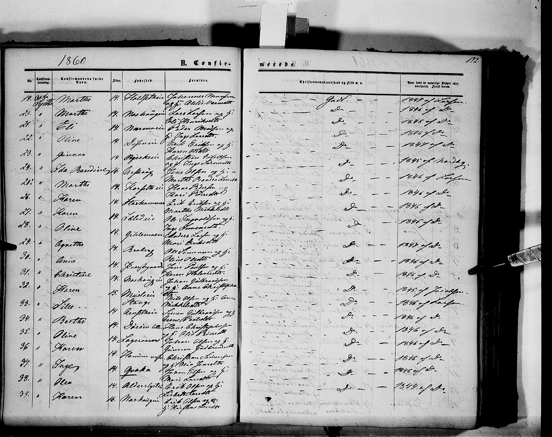 Vang prestekontor, Hedmark, AV/SAH-PREST-008/H/Ha/Haa/L0012: Parish register (official) no. 12, 1855-1870, p. 172