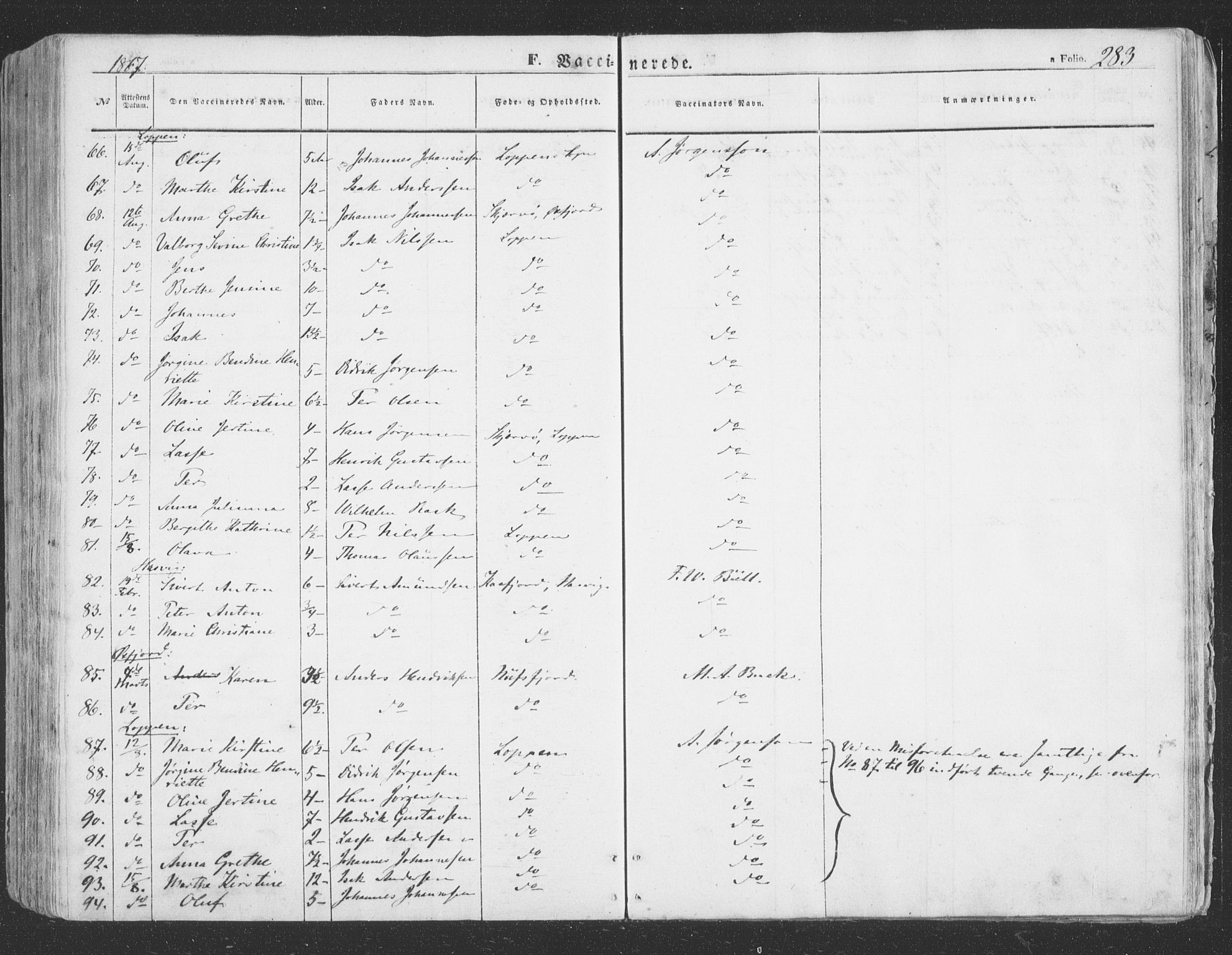 Loppa sokneprestkontor, AV/SATØ-S-1339/H/Ha/L0004kirke: Parish register (official) no. 4, 1849-1868, p. 283