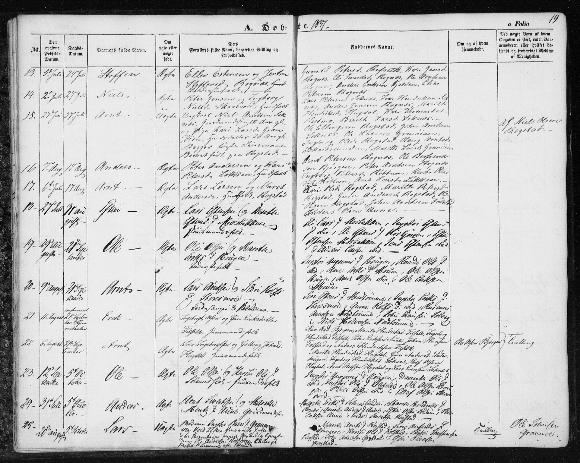 Ministerialprotokoller, klokkerbøker og fødselsregistre - Sør-Trøndelag, SAT/A-1456/687/L1000: Parish register (official) no. 687A06, 1848-1869, p. 19