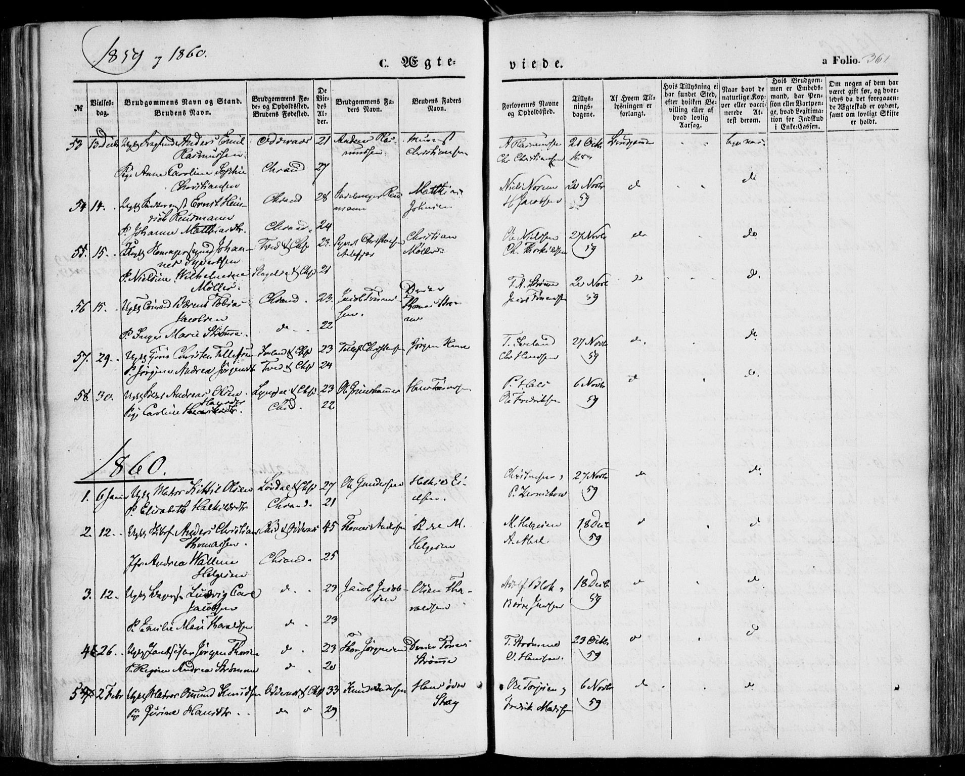 Kristiansand domprosti, SAK/1112-0006/F/Fa/L0014: Parish register (official) no. A 14, 1852-1867, p. 361