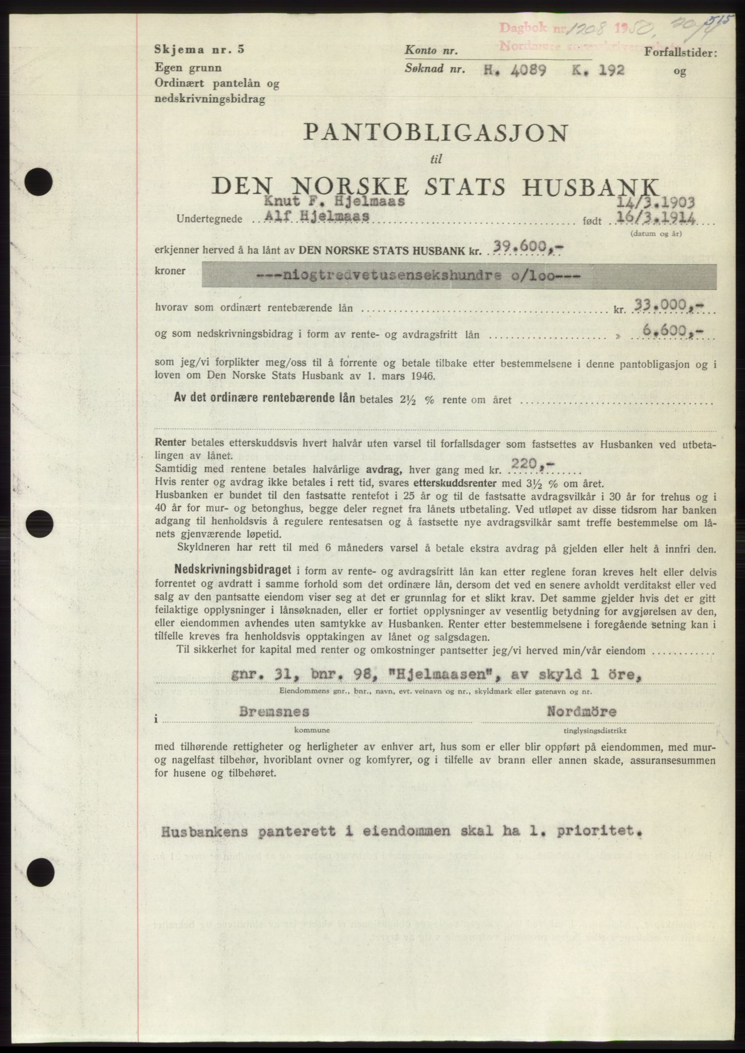 Nordmøre sorenskriveri, AV/SAT-A-4132/1/2/2Ca: Mortgage book no. B104, 1950-1950, Diary no: : 1208/1950