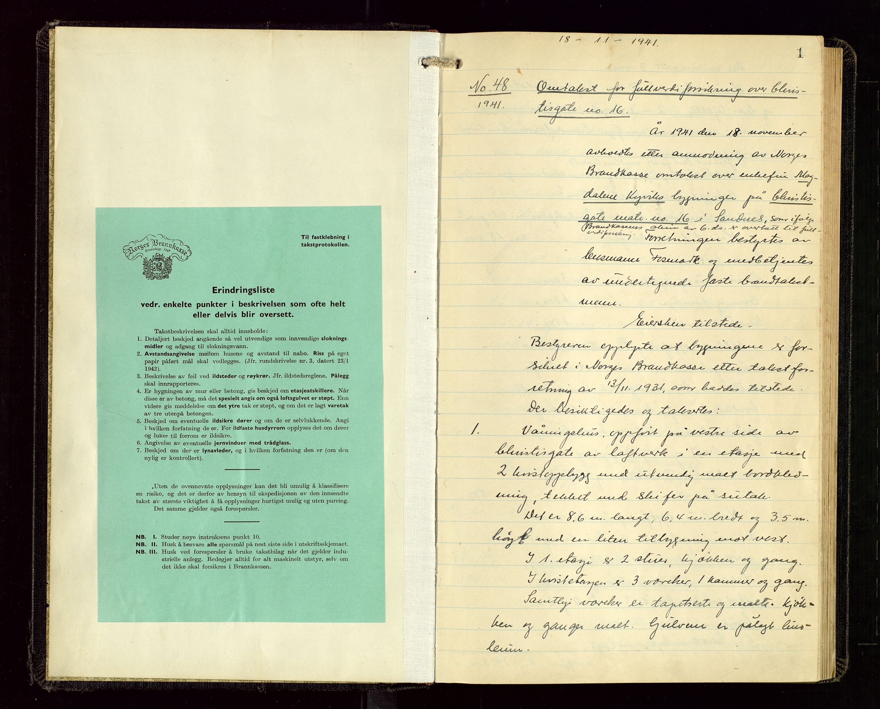 Sandnes lensmannskontor, SAST/A-100167/Goa/L0005: "Brandtakstprotokol", 1941-1943, p. 1