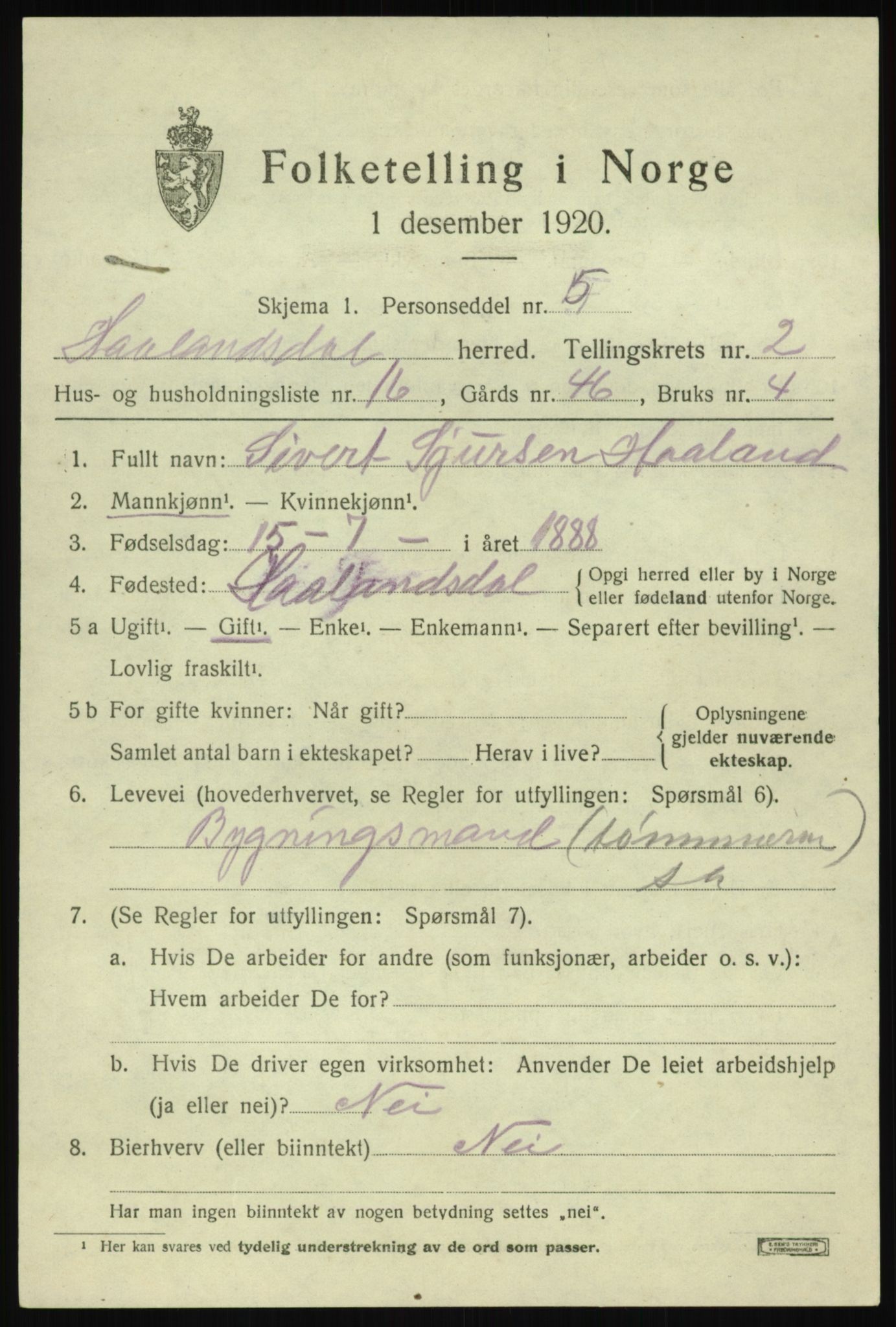 SAB, 1920 census for Hålandsdal, 1920, p. 656