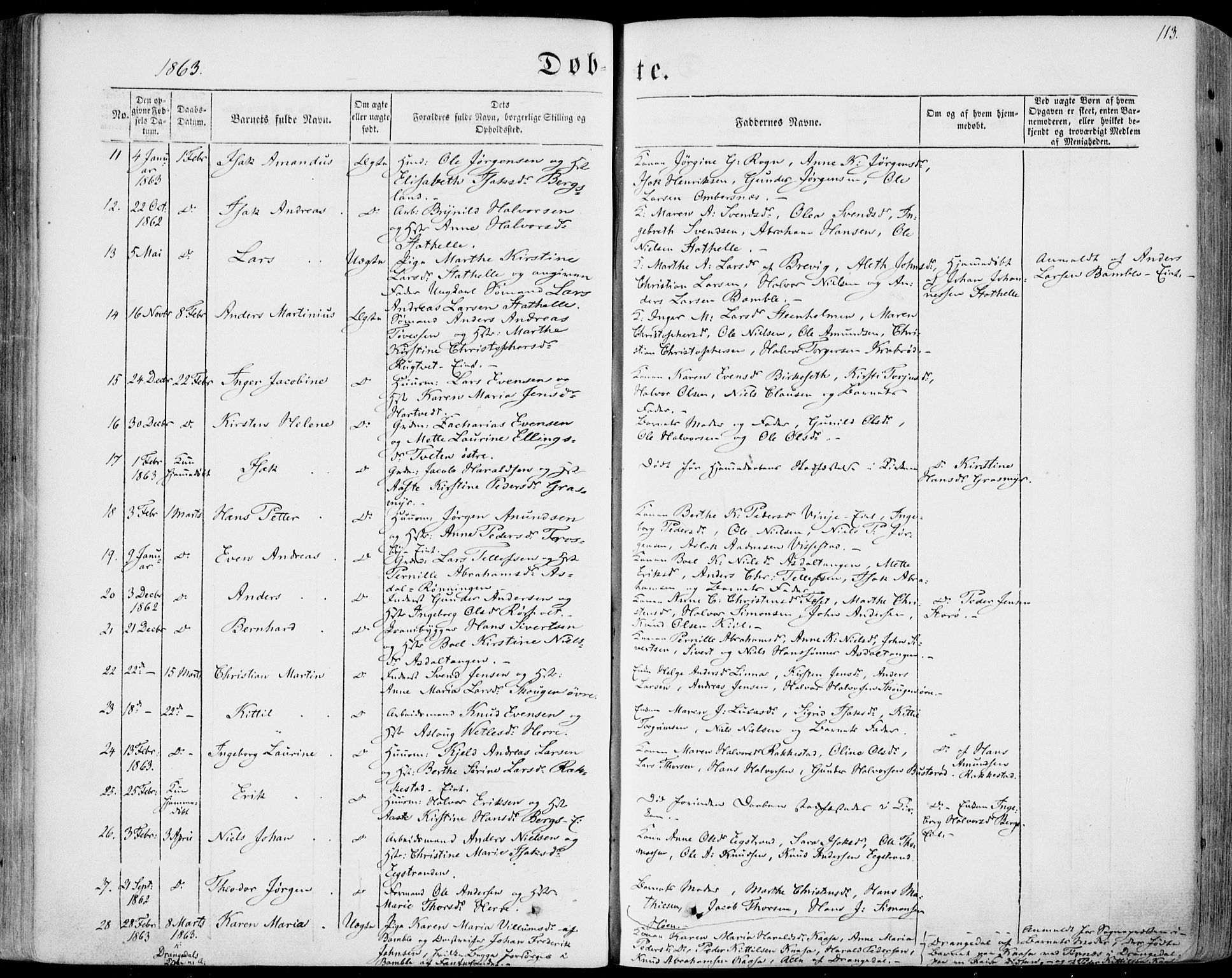 Bamble kirkebøker, SAKO/A-253/F/Fa/L0005: Parish register (official) no. I 5, 1854-1869, p. 113