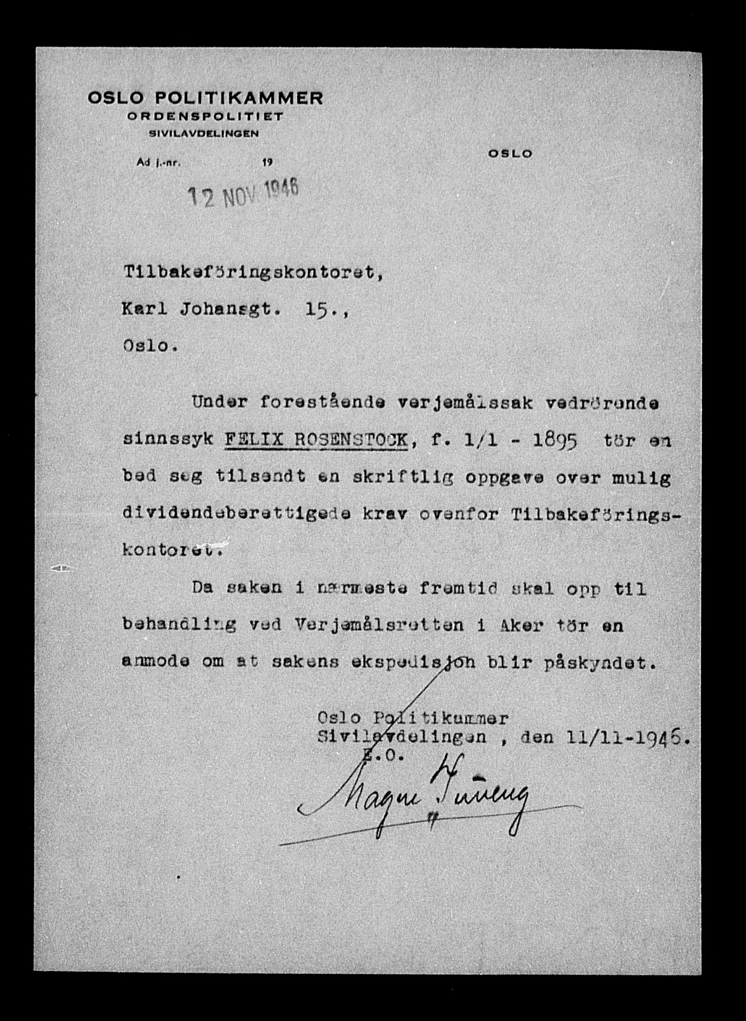 Justisdepartementet, Tilbakeføringskontoret for inndratte formuer, AV/RA-S-1564/H/Hc/Hcc/L0974: --, 1945-1947, p. 189