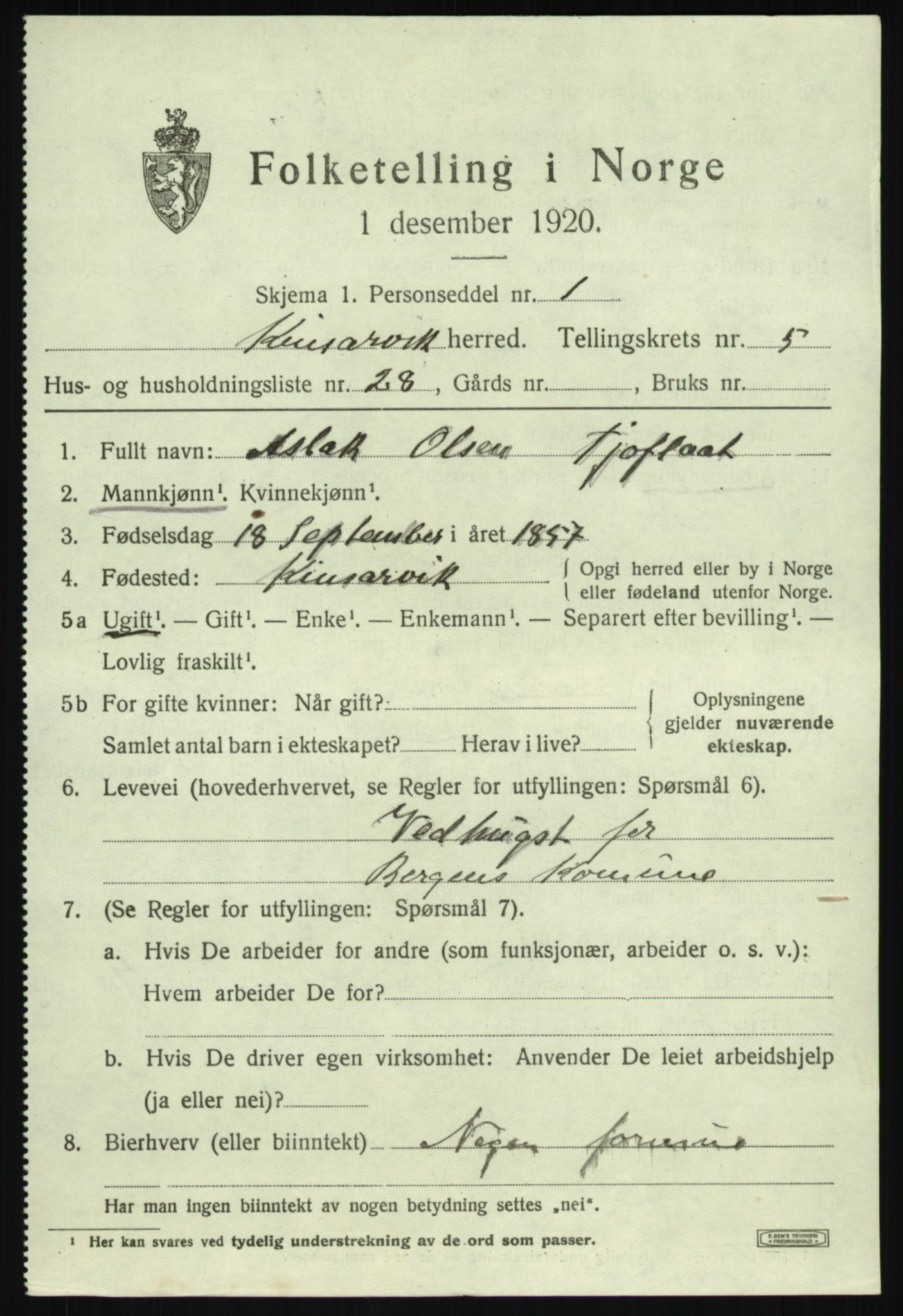 SAB, 1920 census for Kinsarvik, 1920, p. 2866