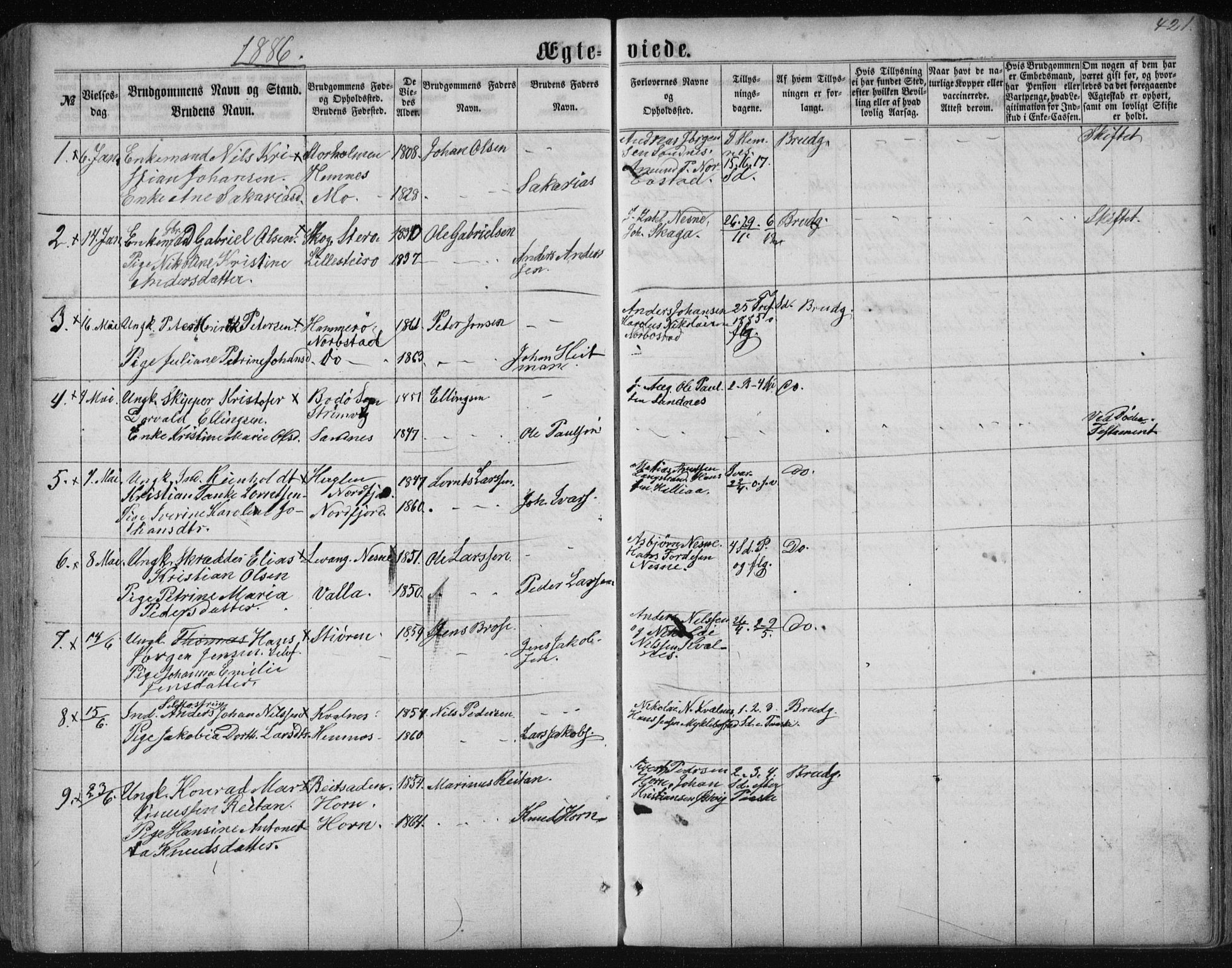 Ministerialprotokoller, klokkerbøker og fødselsregistre - Nordland, AV/SAT-A-1459/838/L0556: Parish register (copy) no. 838C03, 1861-1893, p. 421