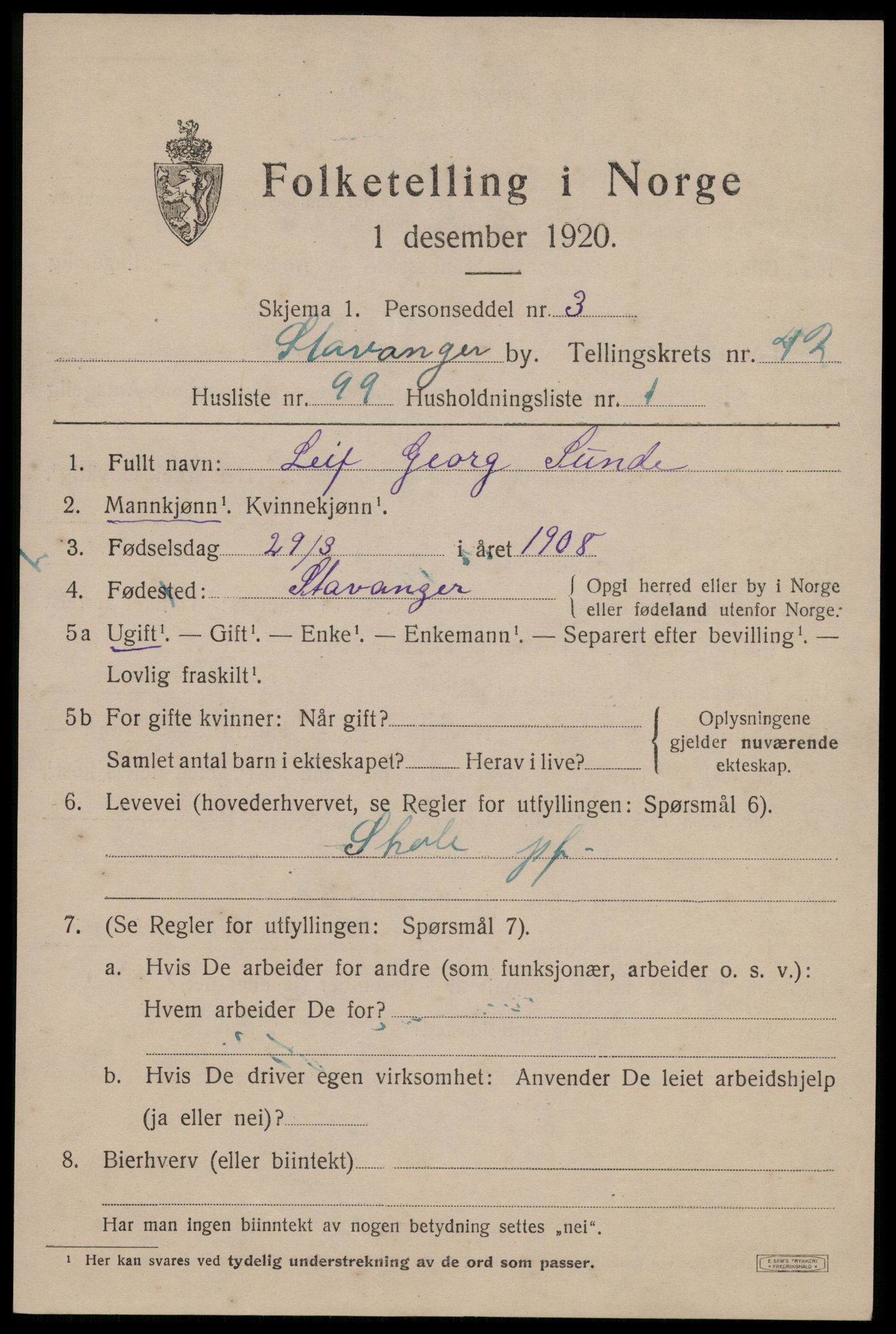 SAST, 1920 census for Stavanger, 1920, p. 106788