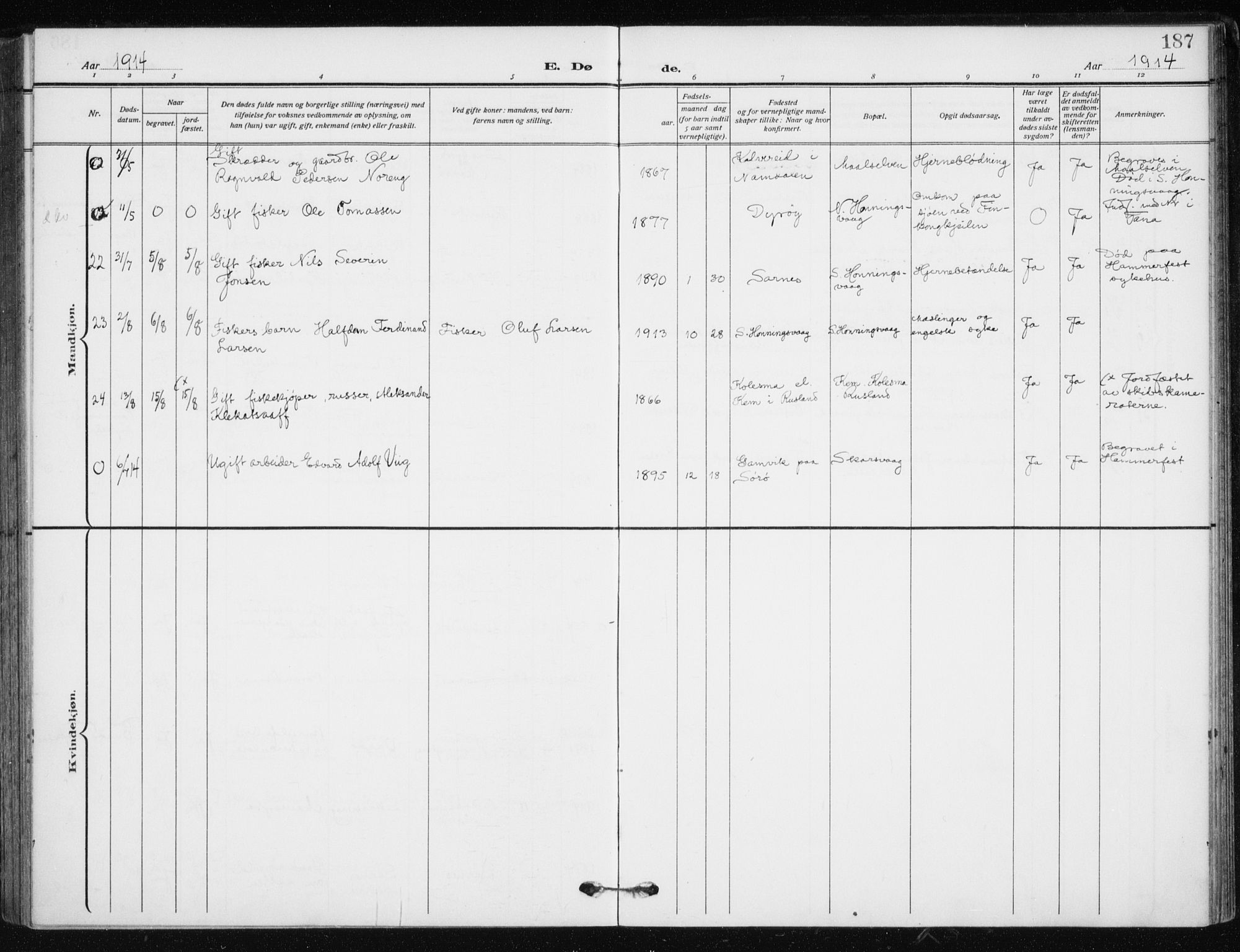 Kjelvik/Nordkapp sokneprestkontor, SATØ/S-1350/H/Ha/L0001kirke: Parish register (official) no. 1, 1911-1919, p. 187