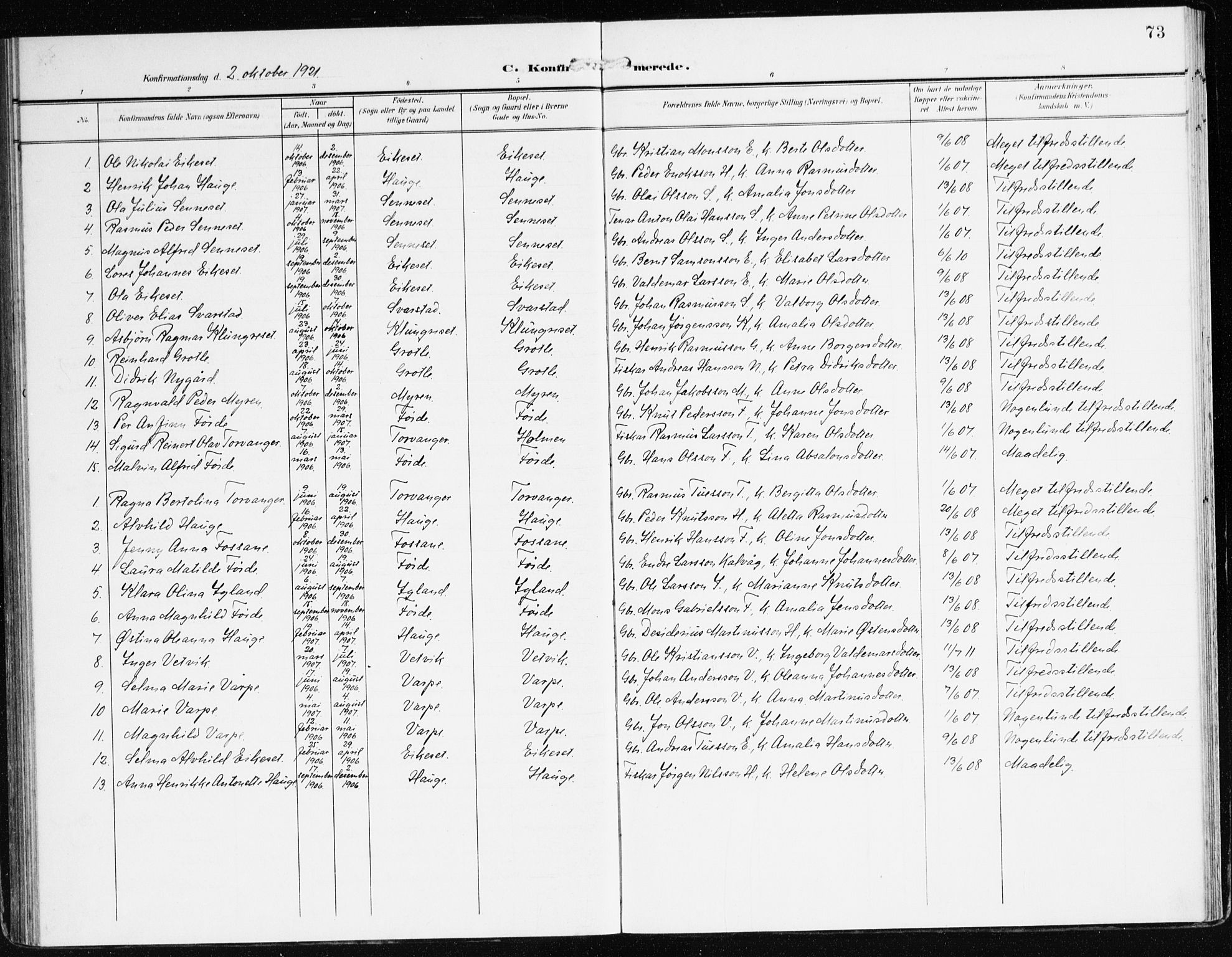Bremanger sokneprestembete, SAB/A-82201/H/Haa/Haac/L0001: Parish register (official) no. C 1, 1908-1921, p. 73