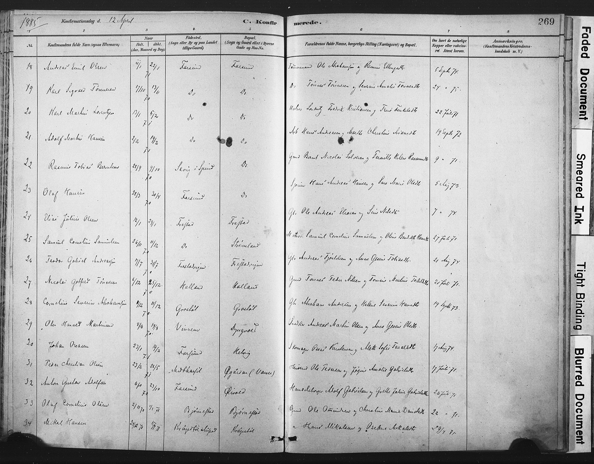 Lista sokneprestkontor, AV/SAK-1111-0027/F/Fa/L0012: Parish register (official) no. A 12, 1879-1903, p. 269