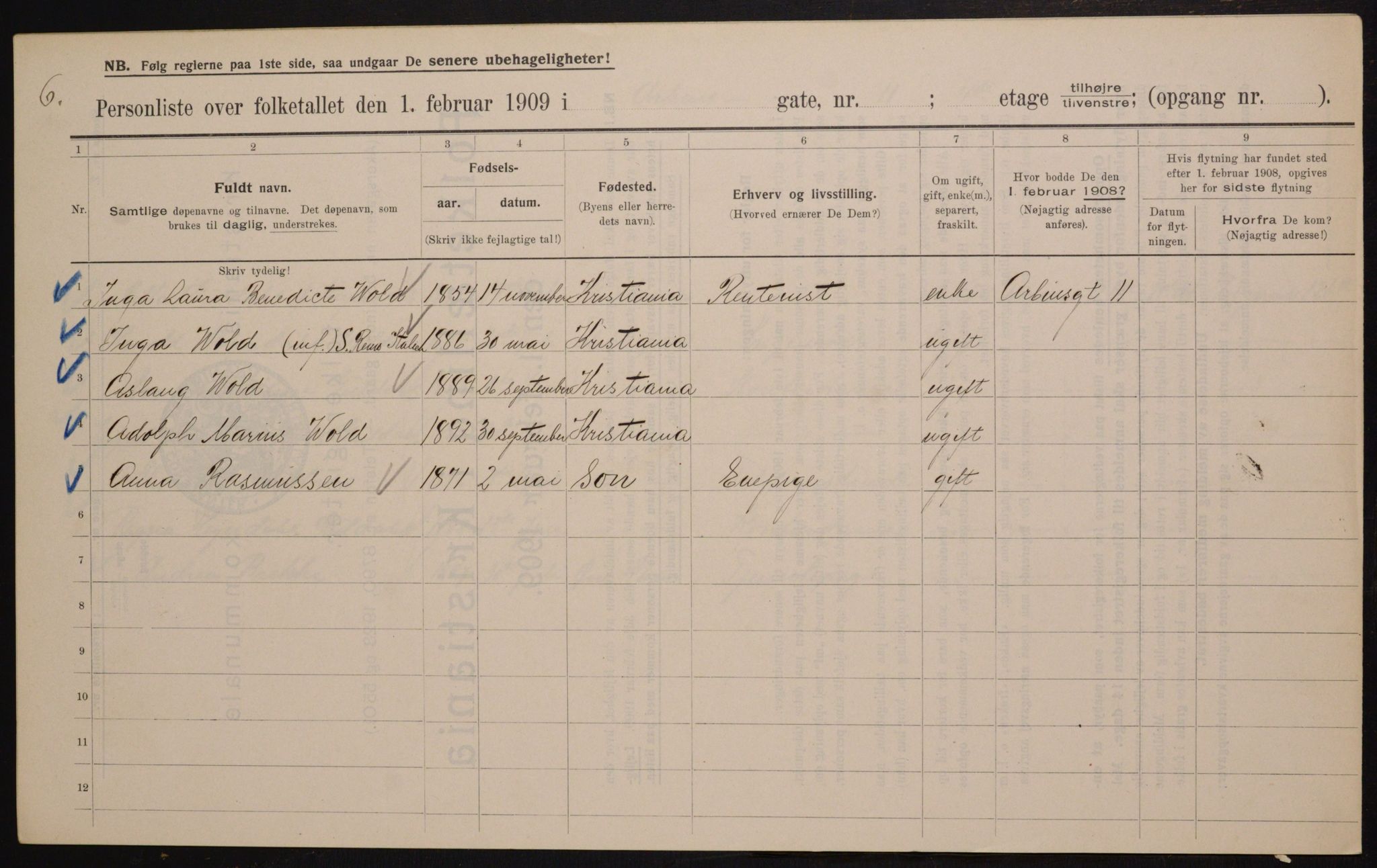 OBA, Municipal Census 1909 for Kristiania, 1909, p. 1677