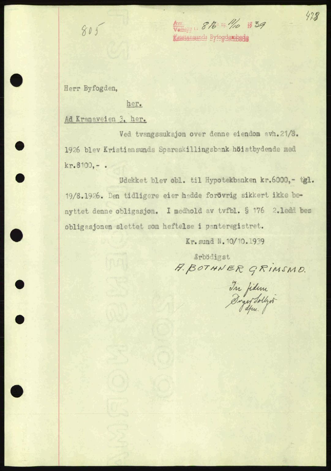Kristiansund byfogd, SAT/A-4587/A/27: Mortgage book no. 31, 1938-1939, Diary no: : 816/1939