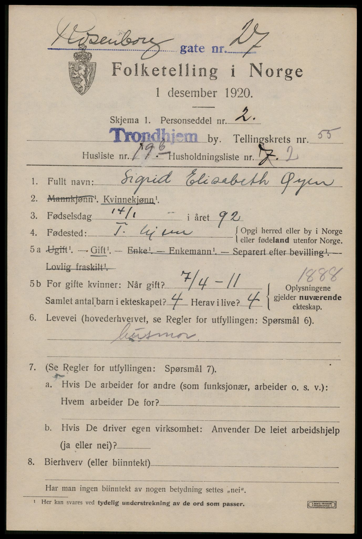 SAT, 1920 census for Trondheim, 1920, p. 112728