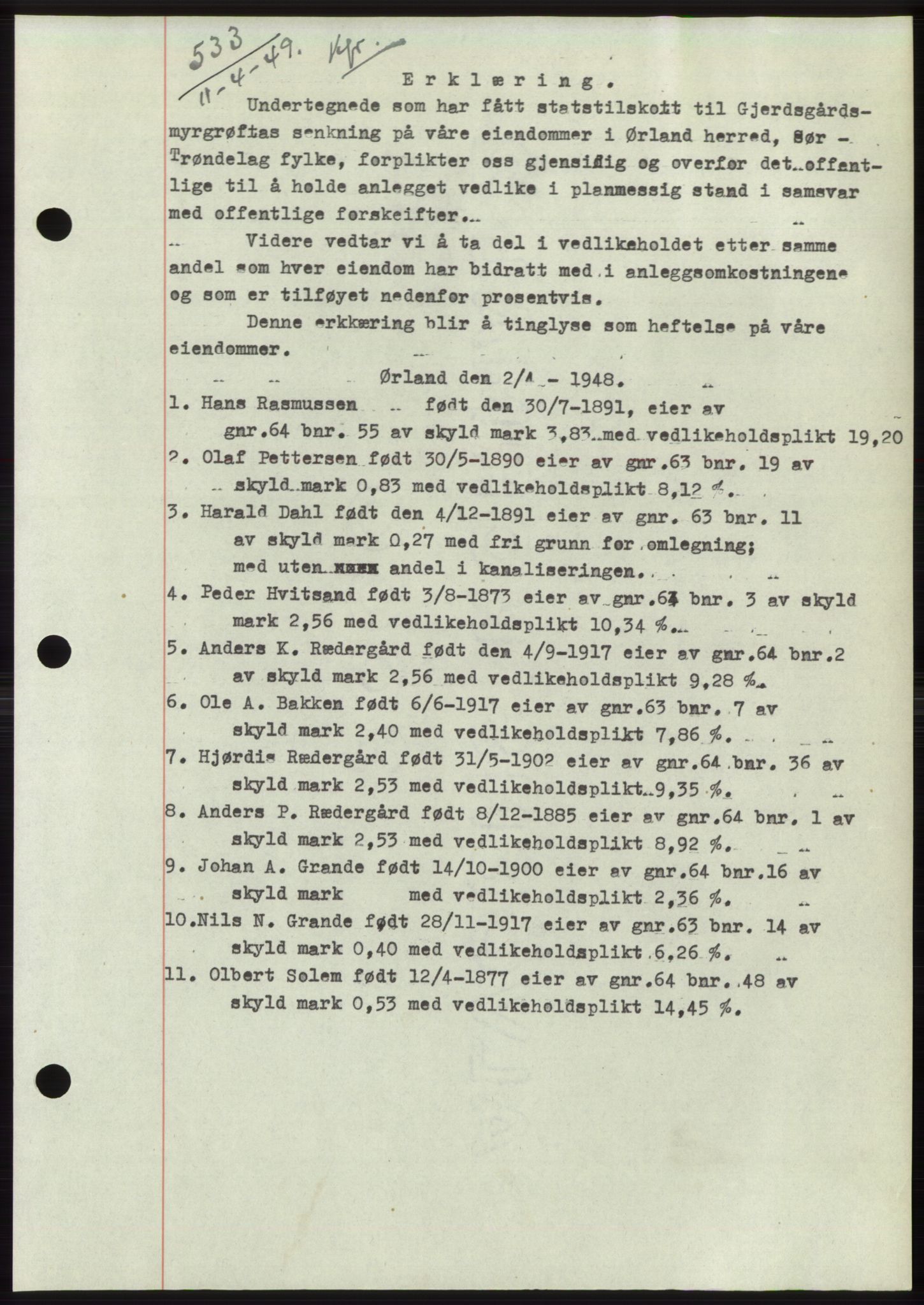 Fosen sorenskriveri, AV/SAT-A-1107/1/2/2C: Mortgage book no. B3, 1948-1950, Diary no: : 533/1949