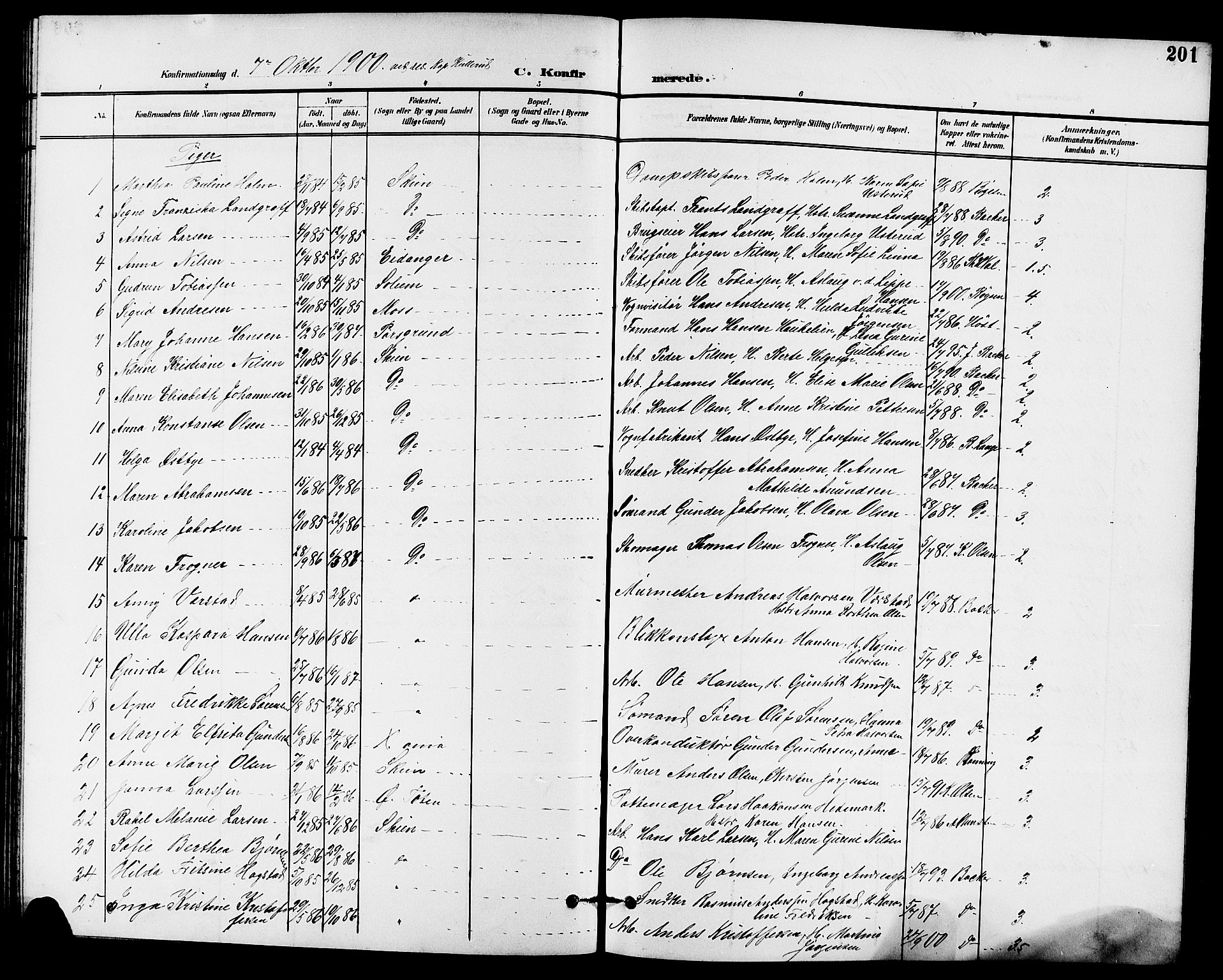 Skien kirkebøker, AV/SAKO-A-302/G/Ga/L0008: Parish register (copy) no. 8, 1900-1910, p. 201