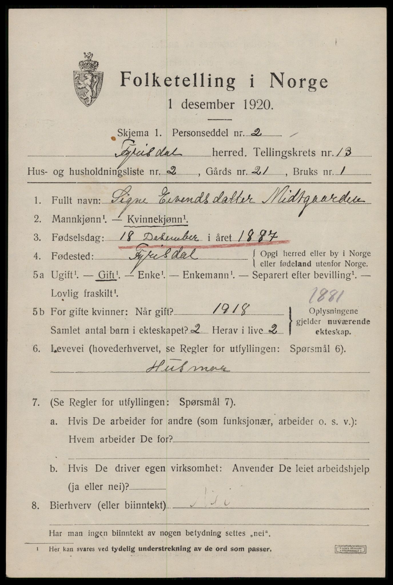 SAKO, 1920 census for Fyresdal, 1920, p. 4275