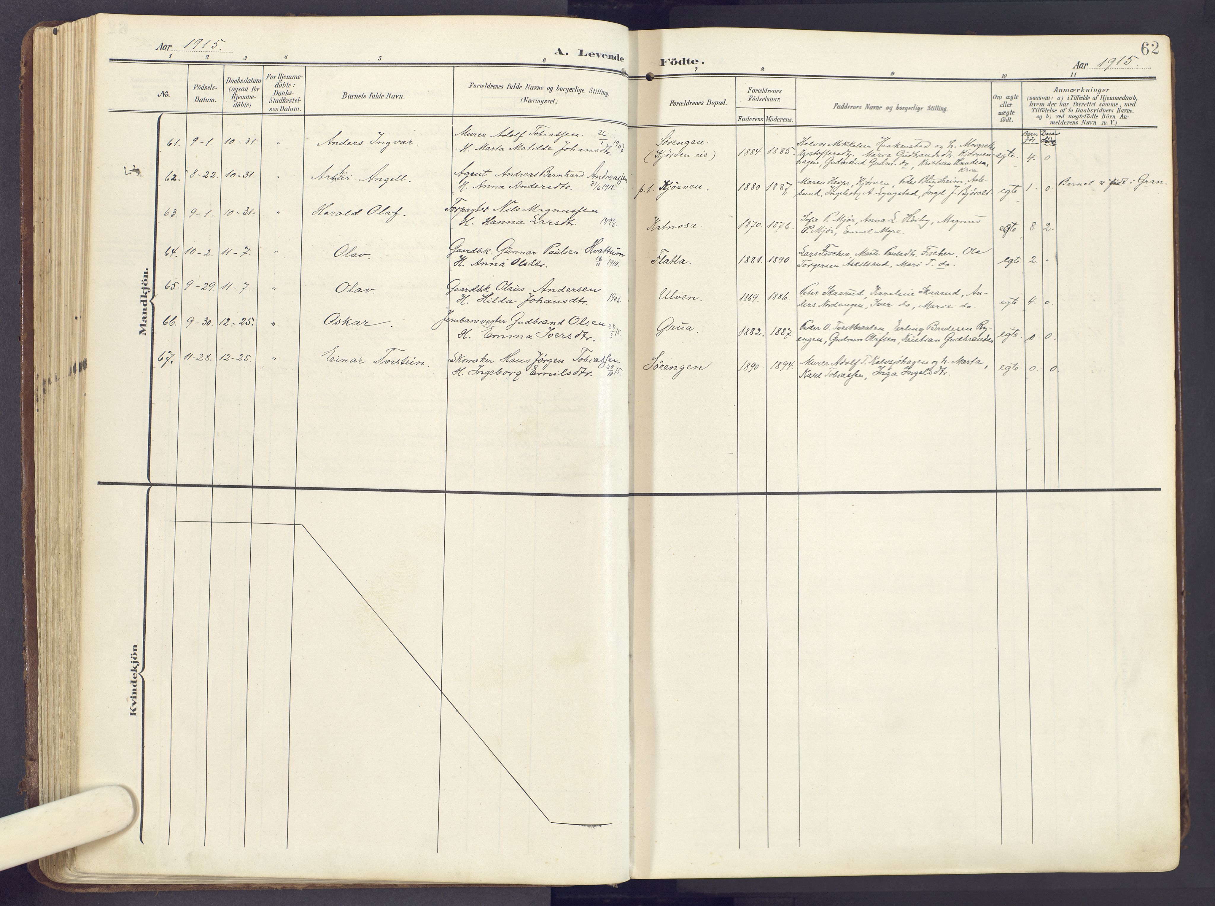 Lunner prestekontor, AV/SAH-PREST-118/H/Ha/Haa/L0001: Parish register (official) no. 1, 1907-1922, p. 62