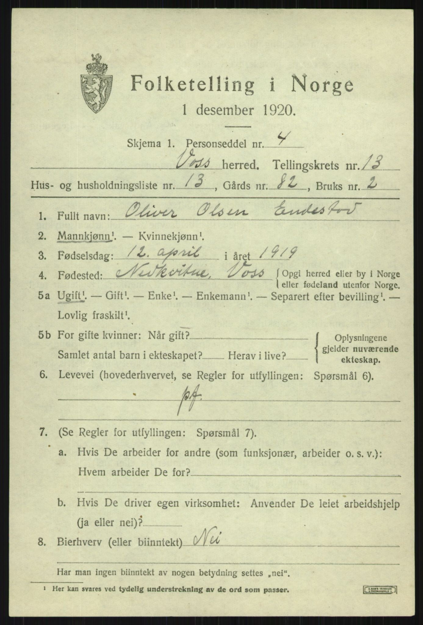 SAB, 1920 census for Voss, 1920, p. 11309