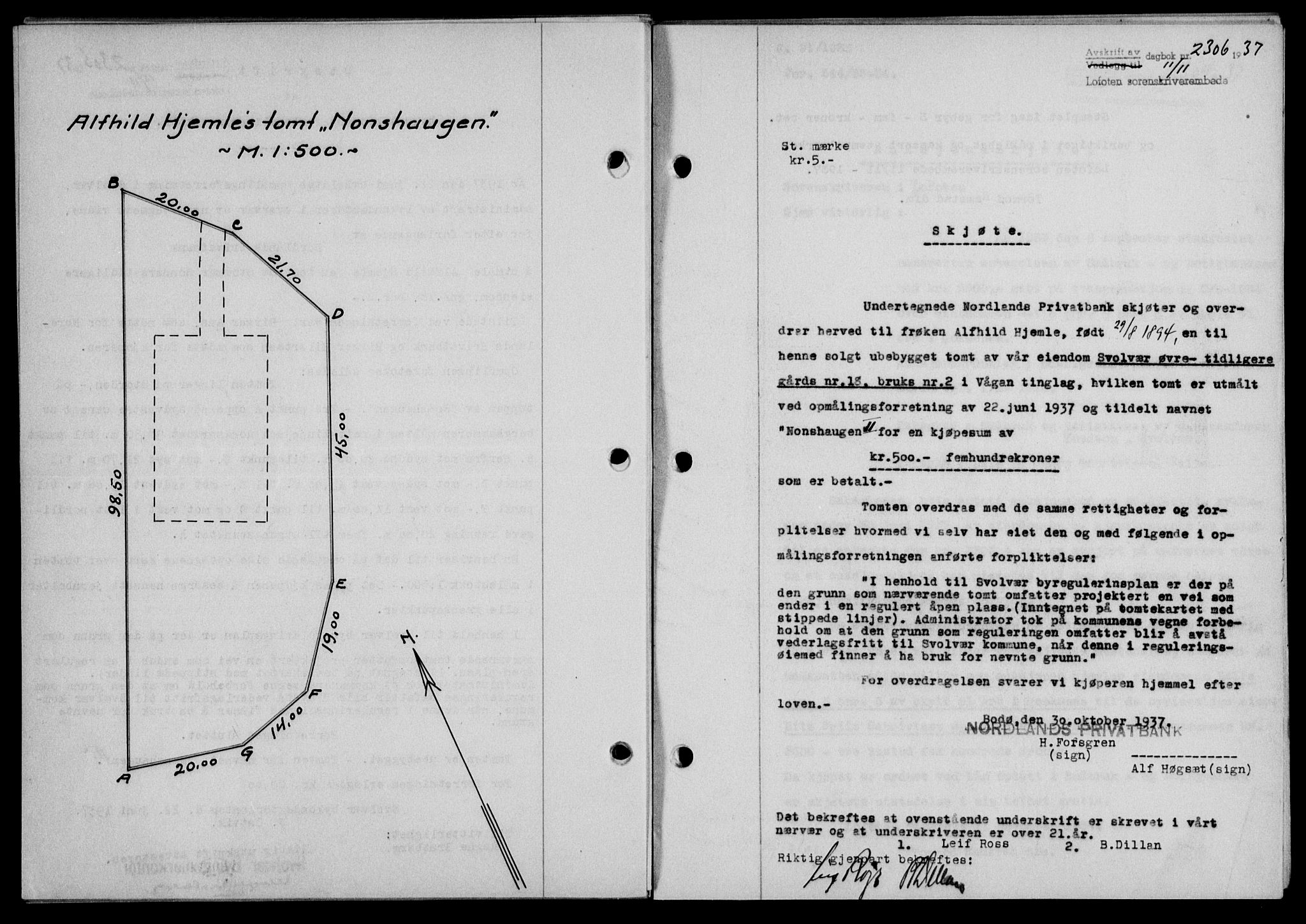 Lofoten sorenskriveri, SAT/A-0017/1/2/2C/L0003a: Mortgage book no. 3a, 1937-1938, Diary no: : 2306/1937