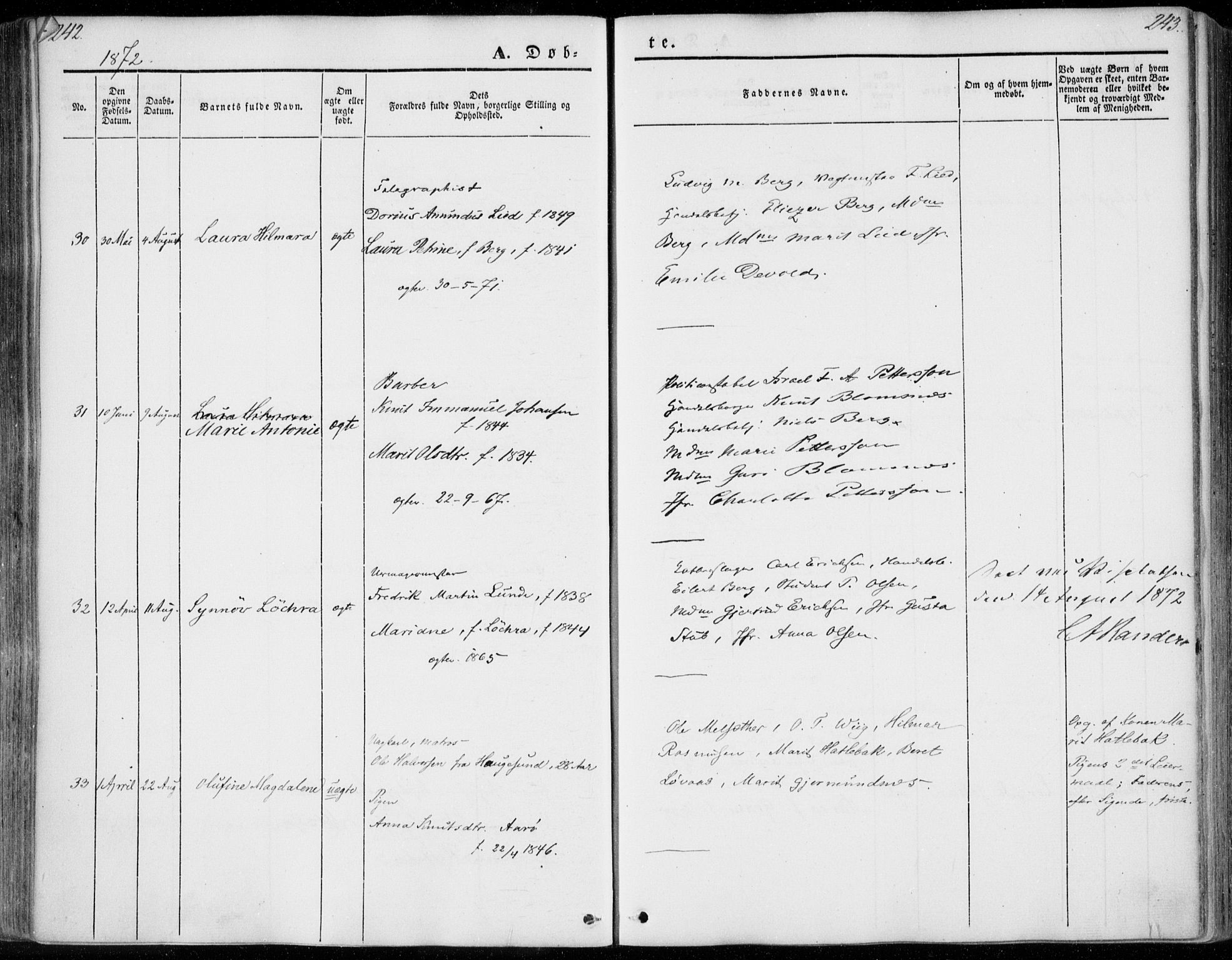Ministerialprotokoller, klokkerbøker og fødselsregistre - Møre og Romsdal, SAT/A-1454/558/L0689: Parish register (official) no. 558A03, 1843-1872, p. 242-243