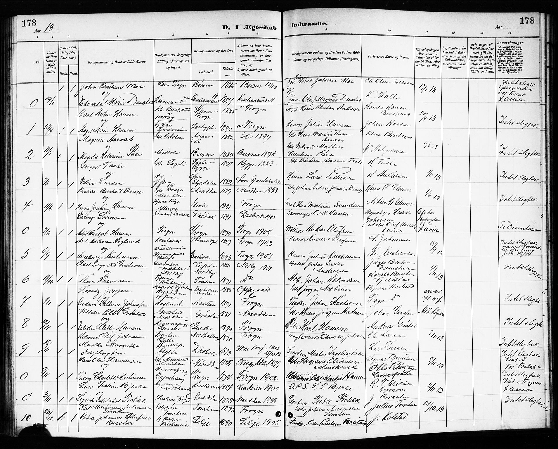Drøbak prestekontor Kirkebøker, AV/SAO-A-10142a/G/Gb/L0001: Parish register (copy) no. II 1, 1901-1919, p. 178