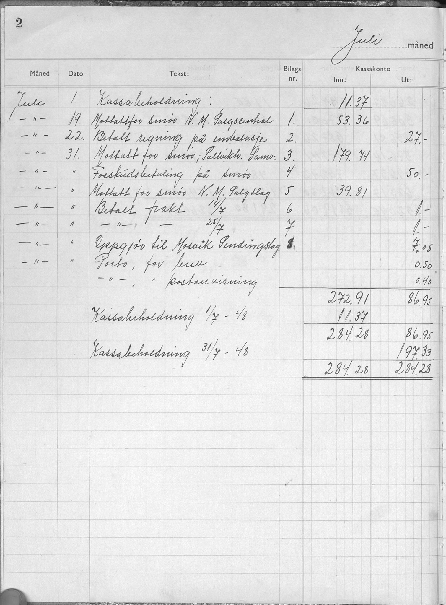 Mosvik smørlag, TIKA/PA-1018/R/Re/Rea/L0001: Kassabok, 1948-1956