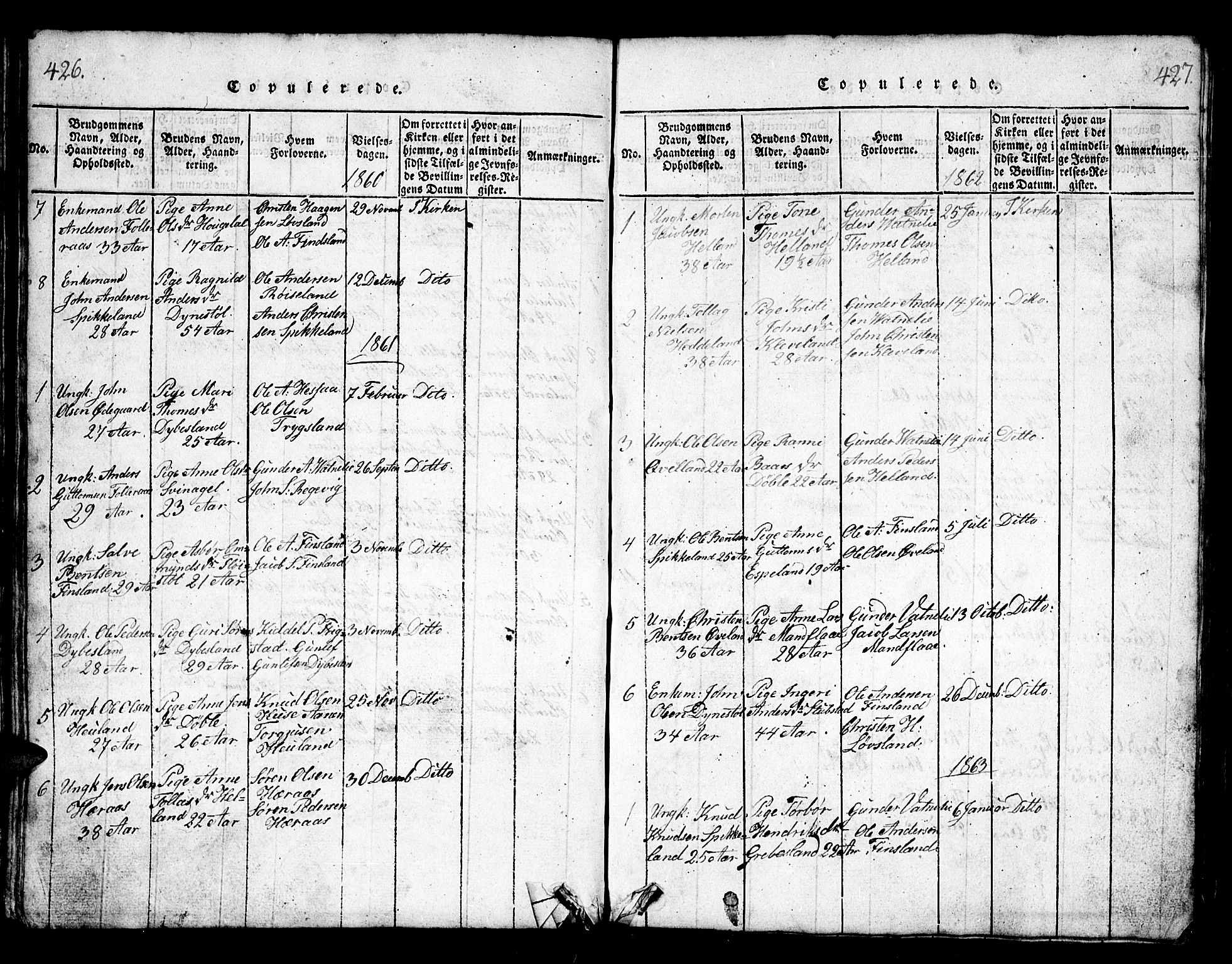 Bjelland sokneprestkontor, SAK/1111-0005/F/Fb/Fbb/L0003: Parish register (copy) no. B 3, 1816-1868, p. 426-427