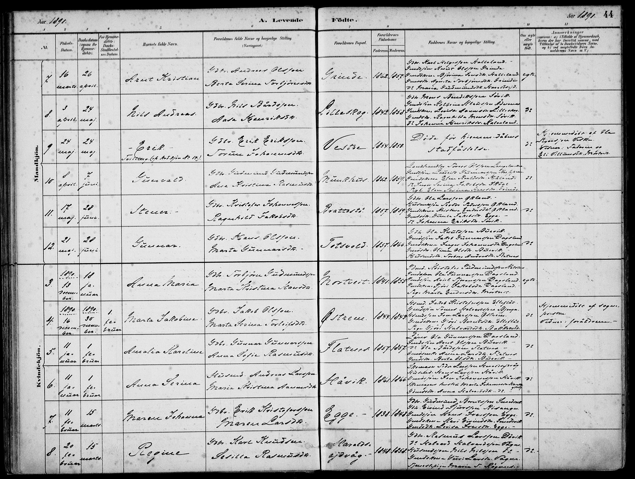 Skjold sokneprestkontor, AV/SAST-A-101847/H/Ha/Haa/L0010: Parish register (official) no. A 10, 1882-1897, p. 44