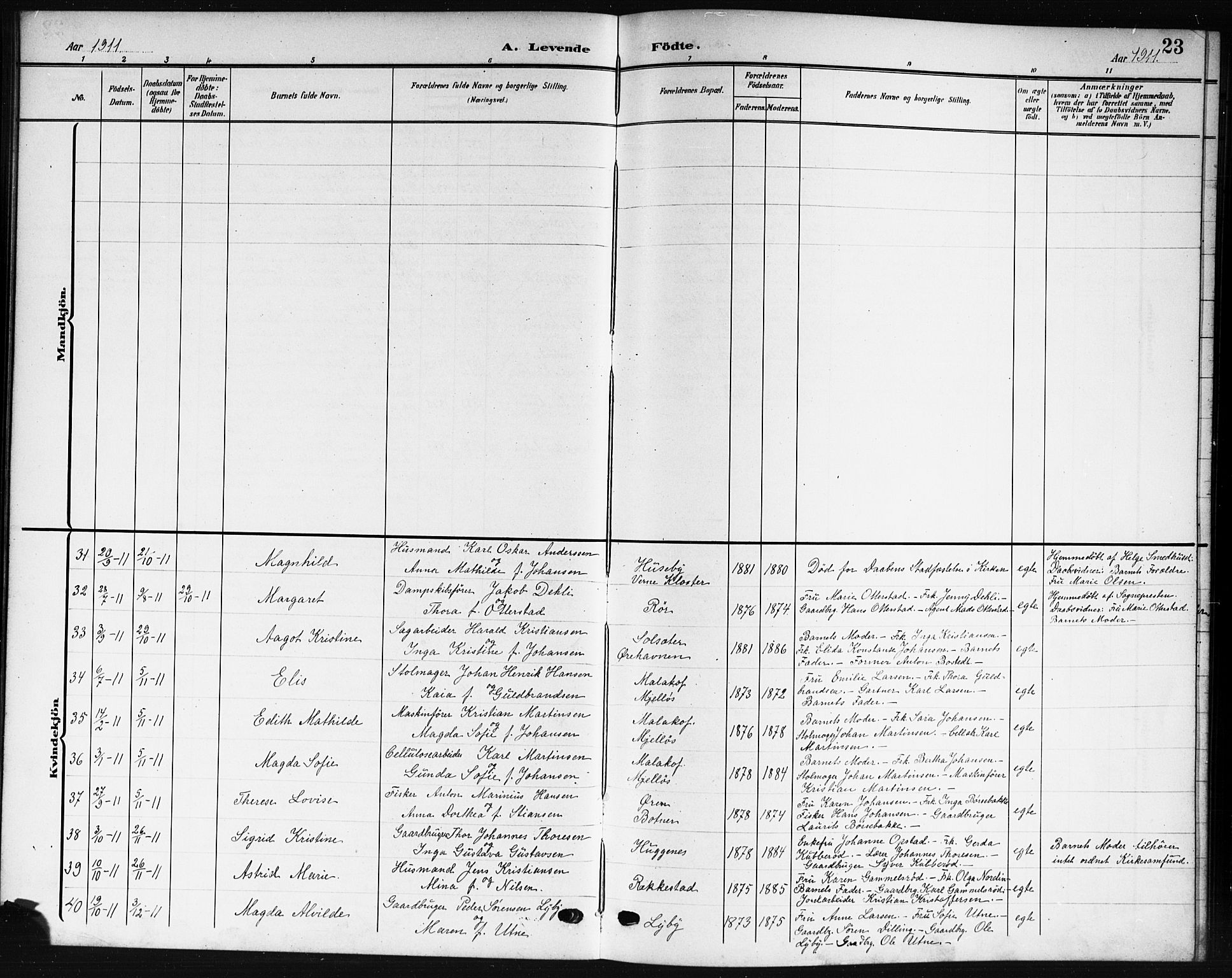 Rygge prestekontor Kirkebøker, SAO/A-10084b/G/Ga/L0003: Parish register (copy) no. 3, 1906-1921, p. 23