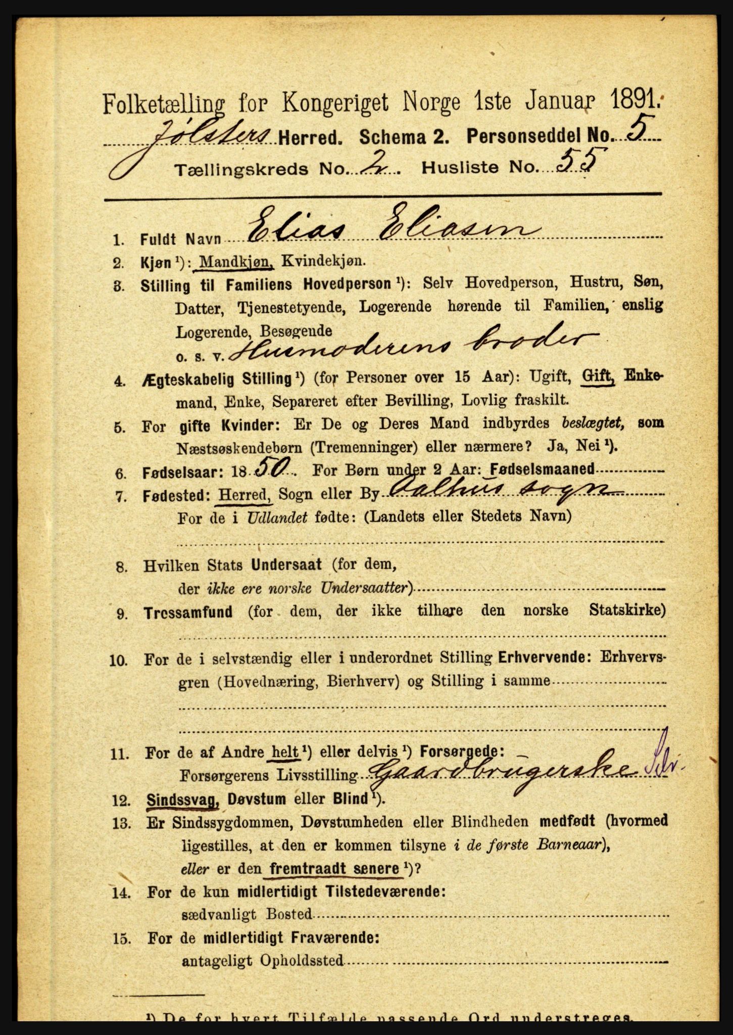 RA, 1891 census for 1431 Jølster, 1891, p. 911