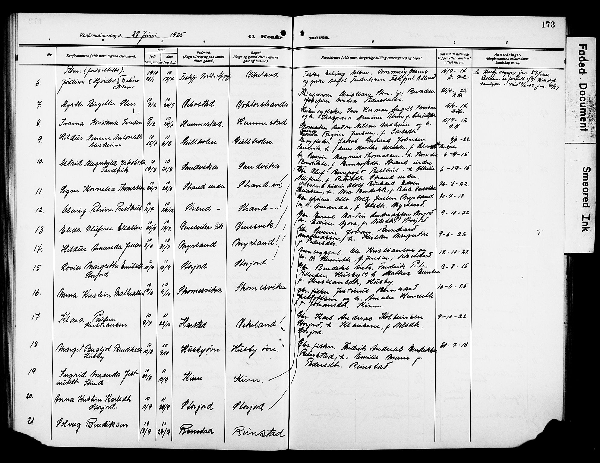 Kvæfjord sokneprestkontor, AV/SATØ-S-1323/G/Ga/Gab/L0006klokker: Parish register (copy) no. 6, 1912-1931, p. 173