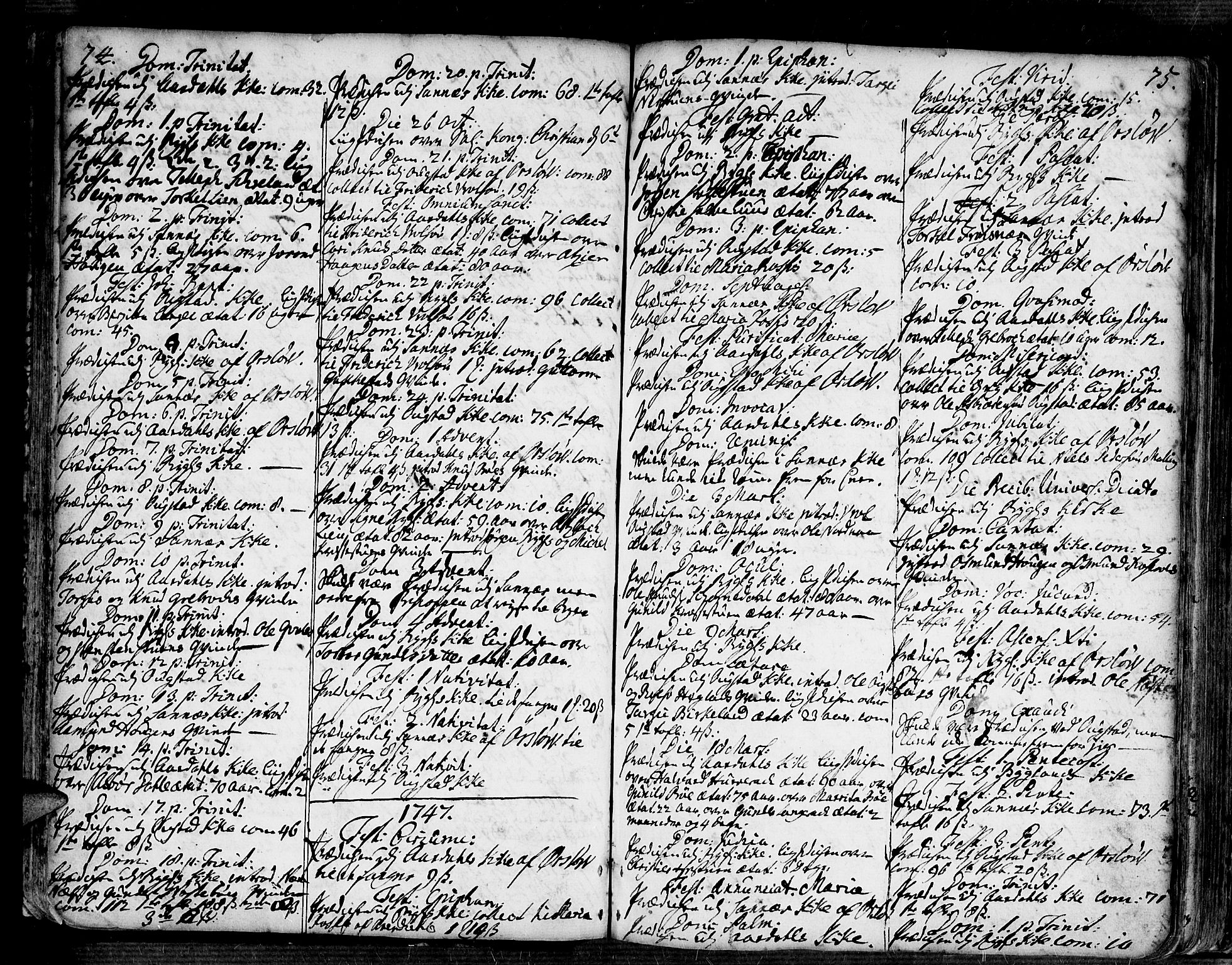 Bygland sokneprestkontor, SAK/1111-0006/F/Fa/Fab/L0001: Parish register (official) no. A 1, 1725-1766, p. 74-75