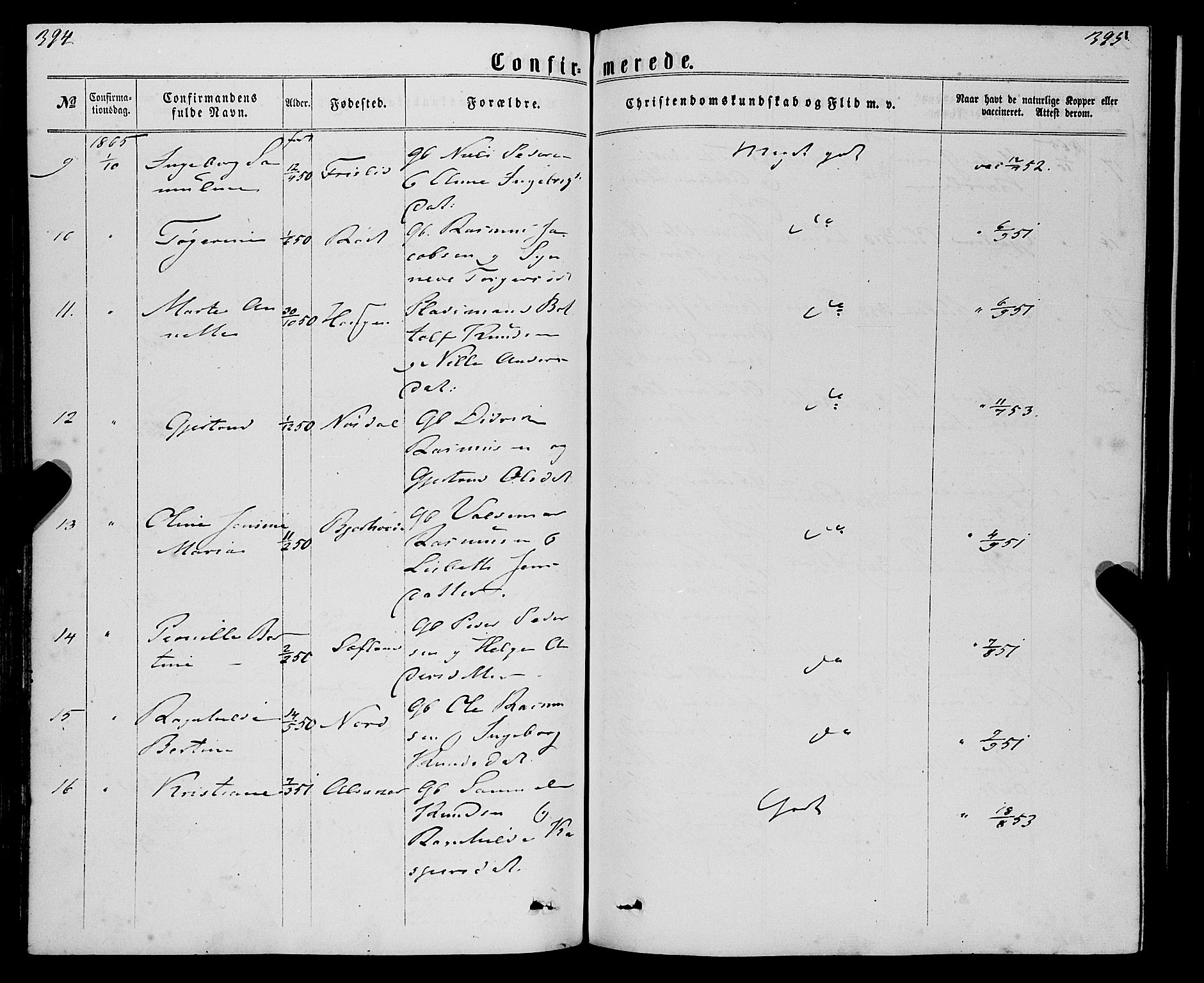 Eid sokneprestembete, AV/SAB-A-82301/H/Haa/Haaa/L0009: Parish register (official) no. A 9, 1861-1868, p. 394-395