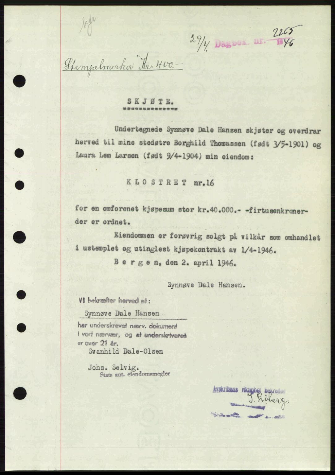 Byfogd og Byskriver i Bergen, SAB/A-3401/03/03Bc/L0022: Mortgage book no. A18, 1946-1946, Diary no: : 2265/1946
