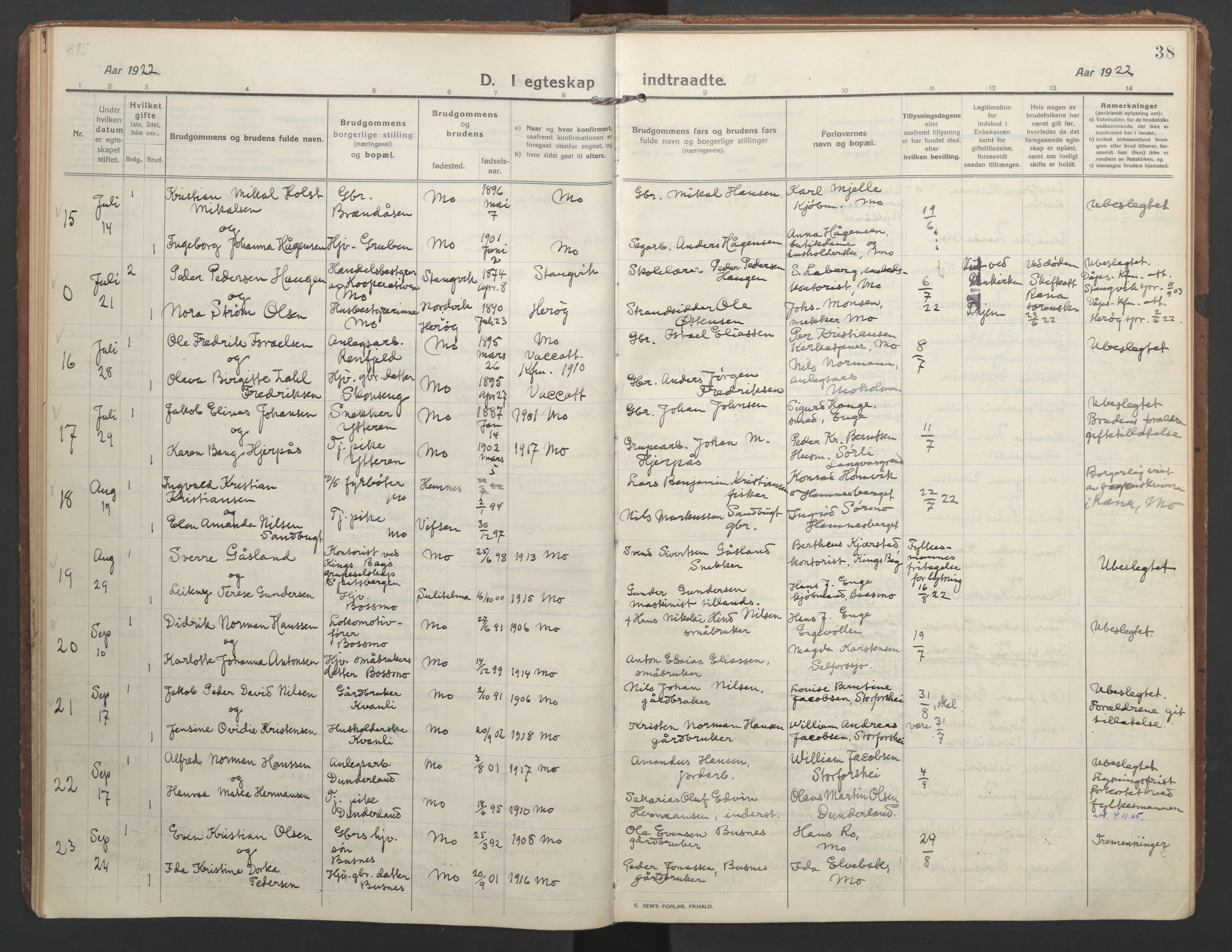 Ministerialprotokoller, klokkerbøker og fødselsregistre - Nordland, AV/SAT-A-1459/827/L0405: Parish register (official) no. 827A17, 1912-1925, p. 38