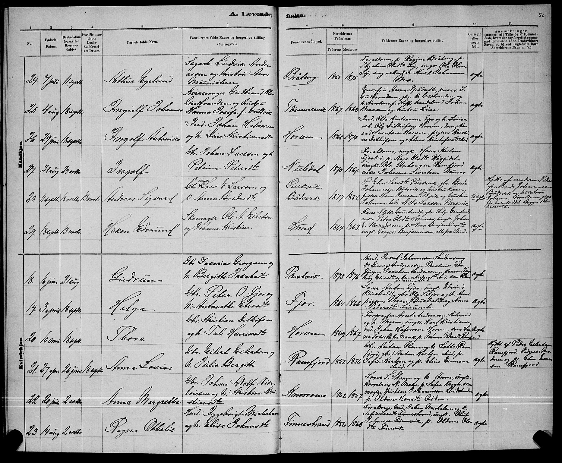 Ministerialprotokoller, klokkerbøker og fødselsregistre - Nord-Trøndelag, AV/SAT-A-1458/780/L0651: Parish register (copy) no. 780C03, 1884-1898, p. 50