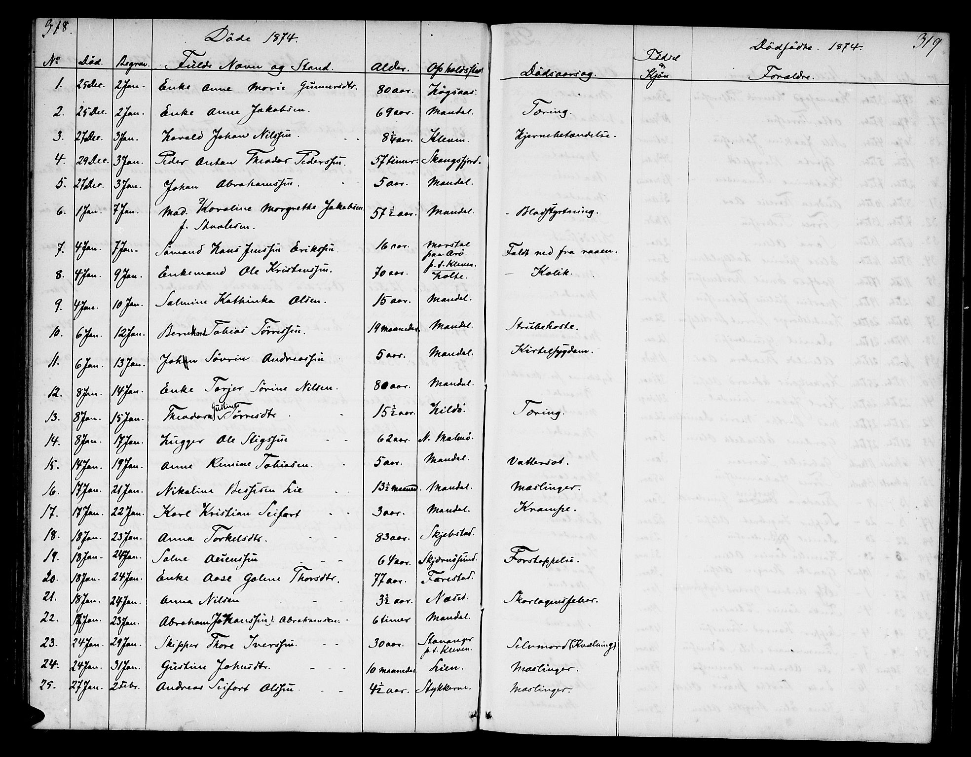 Mandal sokneprestkontor, SAK/1111-0030/F/Fb/Fba/L0009: Parish register (copy) no. B 3, 1867-1877, p. 318-319