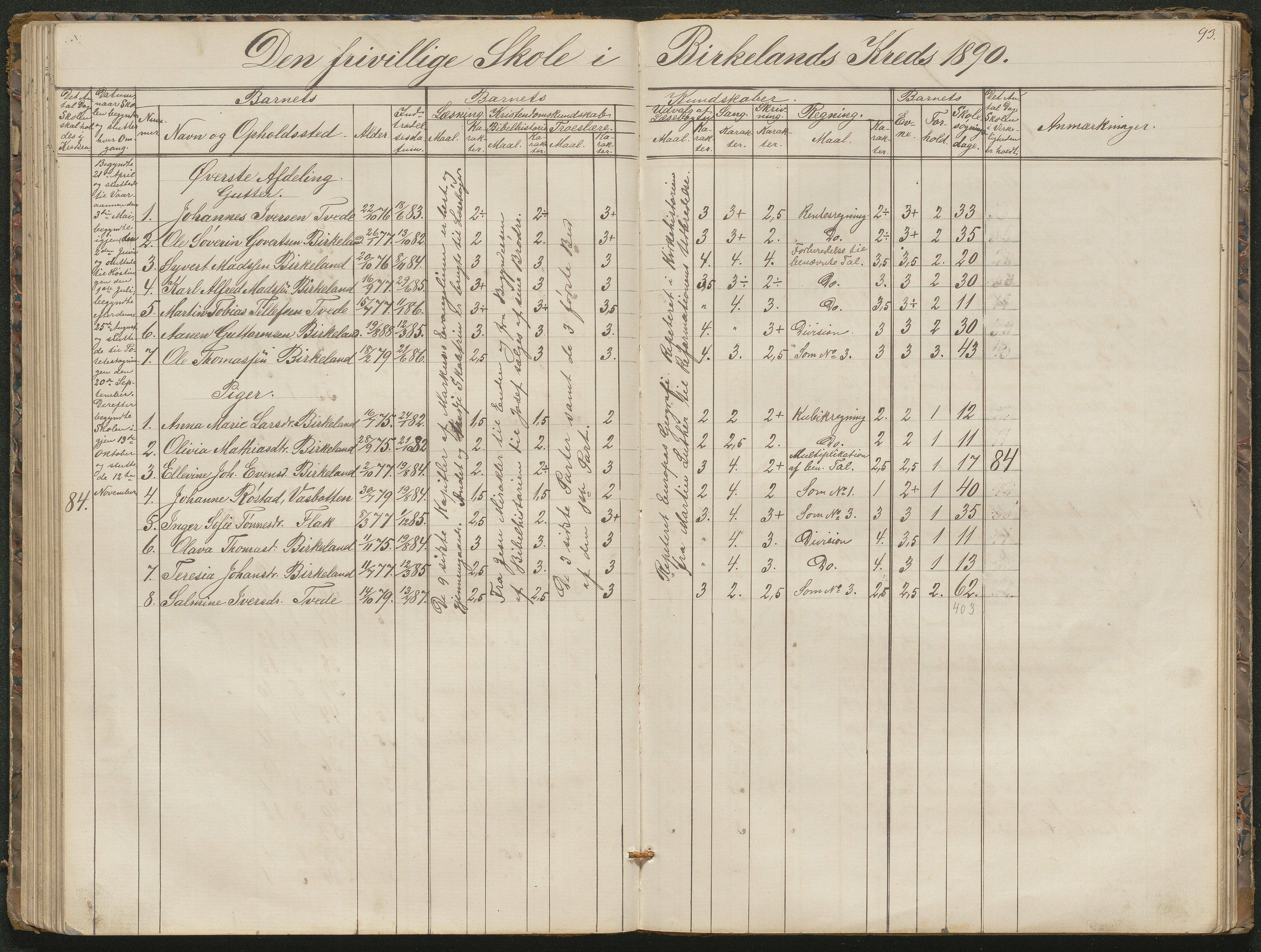 Birkenes kommune, Birkenes krets/Birkeland folkeskole frem til 1991, AAKS/KA0928-550a_91/F02/L0001: Skoleprotokoll, 1862-1896, p. 93