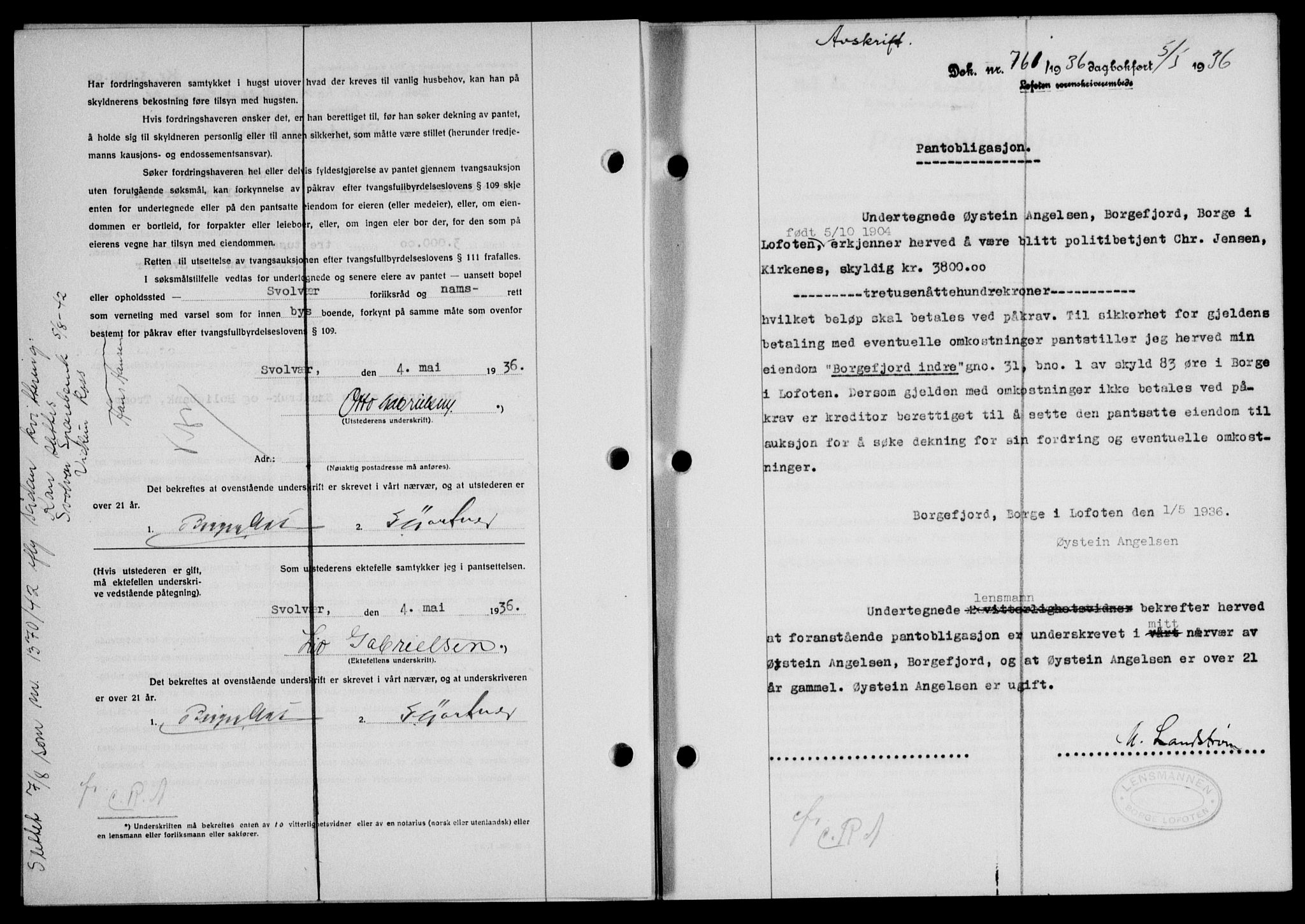 Lofoten sorenskriveri, SAT/A-0017/1/2/2C/L0033b: Mortgage book no. 33b, 1936-1936, Diary no: : 761/1936