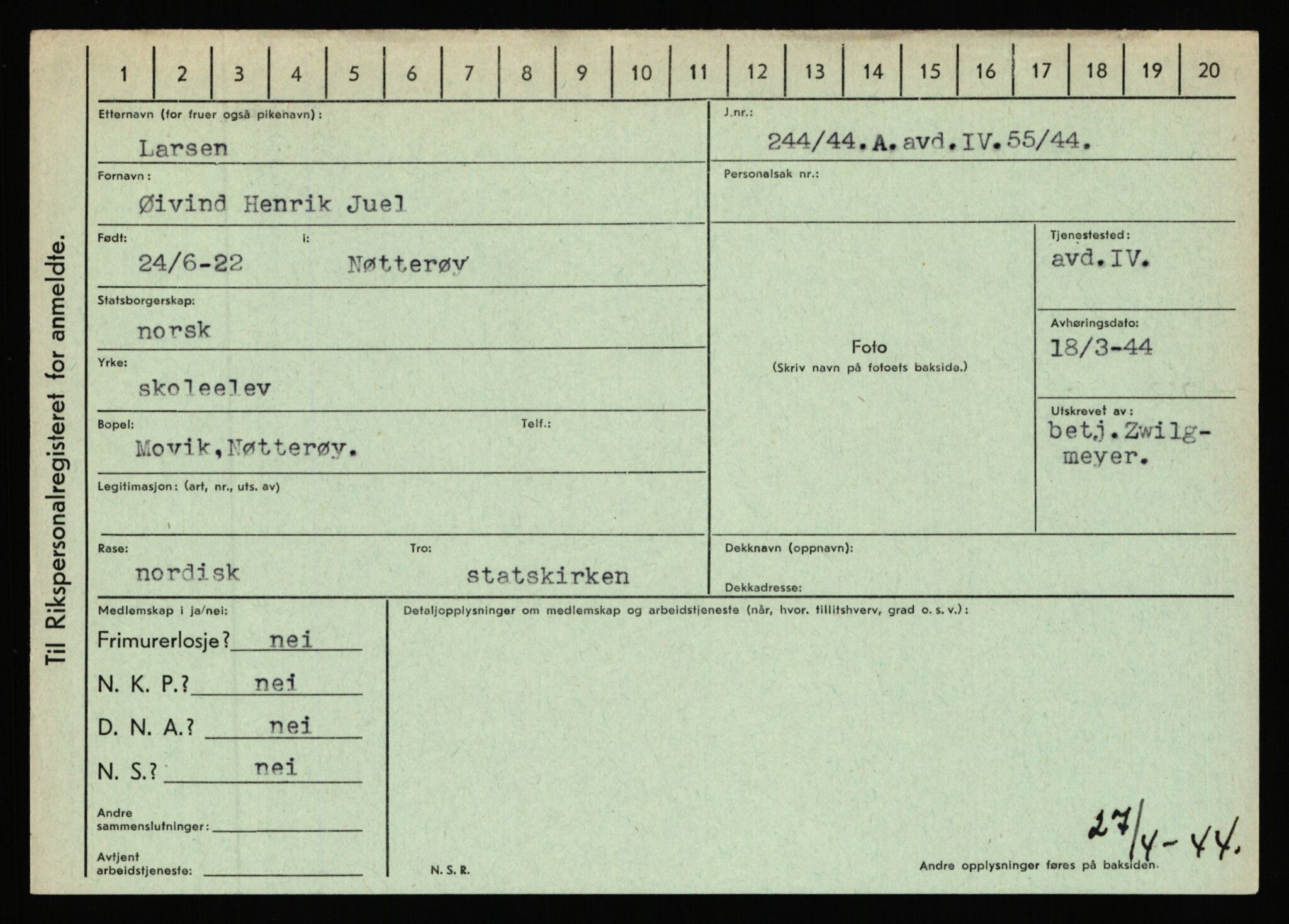 Statspolitiet - Hovedkontoret / Osloavdelingen, AV/RA-S-1329/C/Ca/L0009: Knutsen - Limstrand, 1943-1945, p. 3943