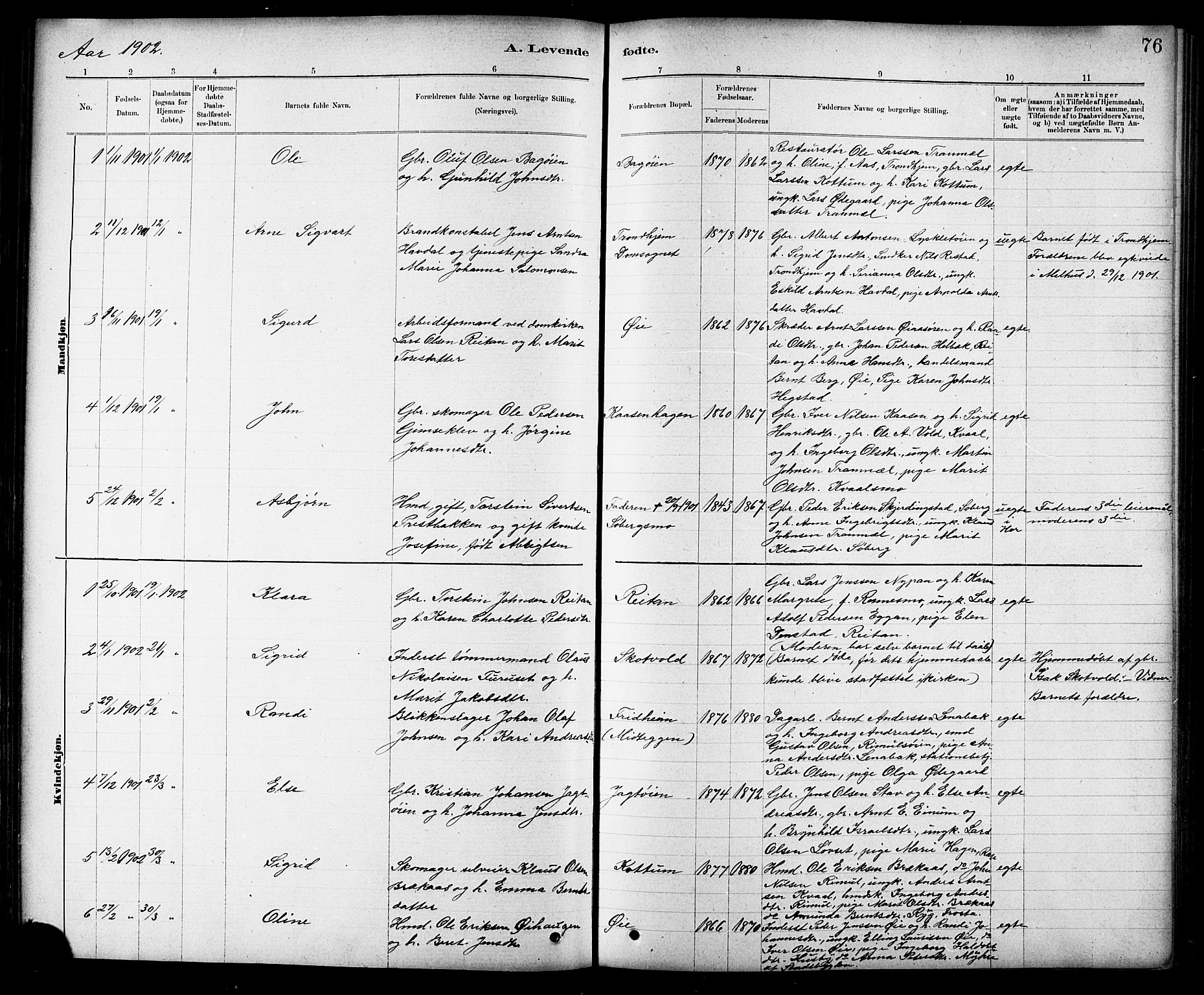 Ministerialprotokoller, klokkerbøker og fødselsregistre - Sør-Trøndelag, SAT/A-1456/691/L1094: Parish register (copy) no. 691C05, 1879-1911, p. 76