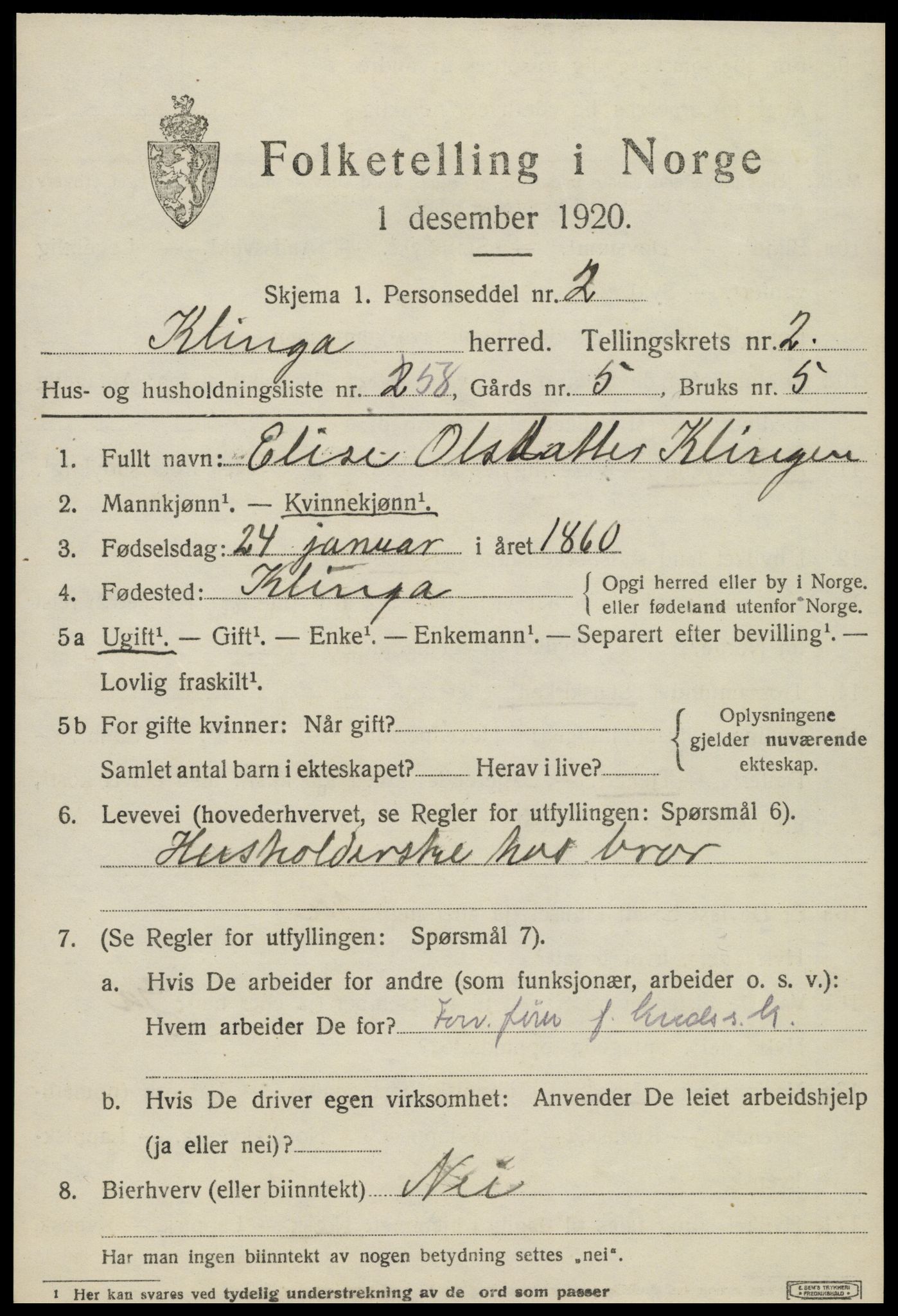 SAT, 1920 census for Klinga, 1920, p. 2059