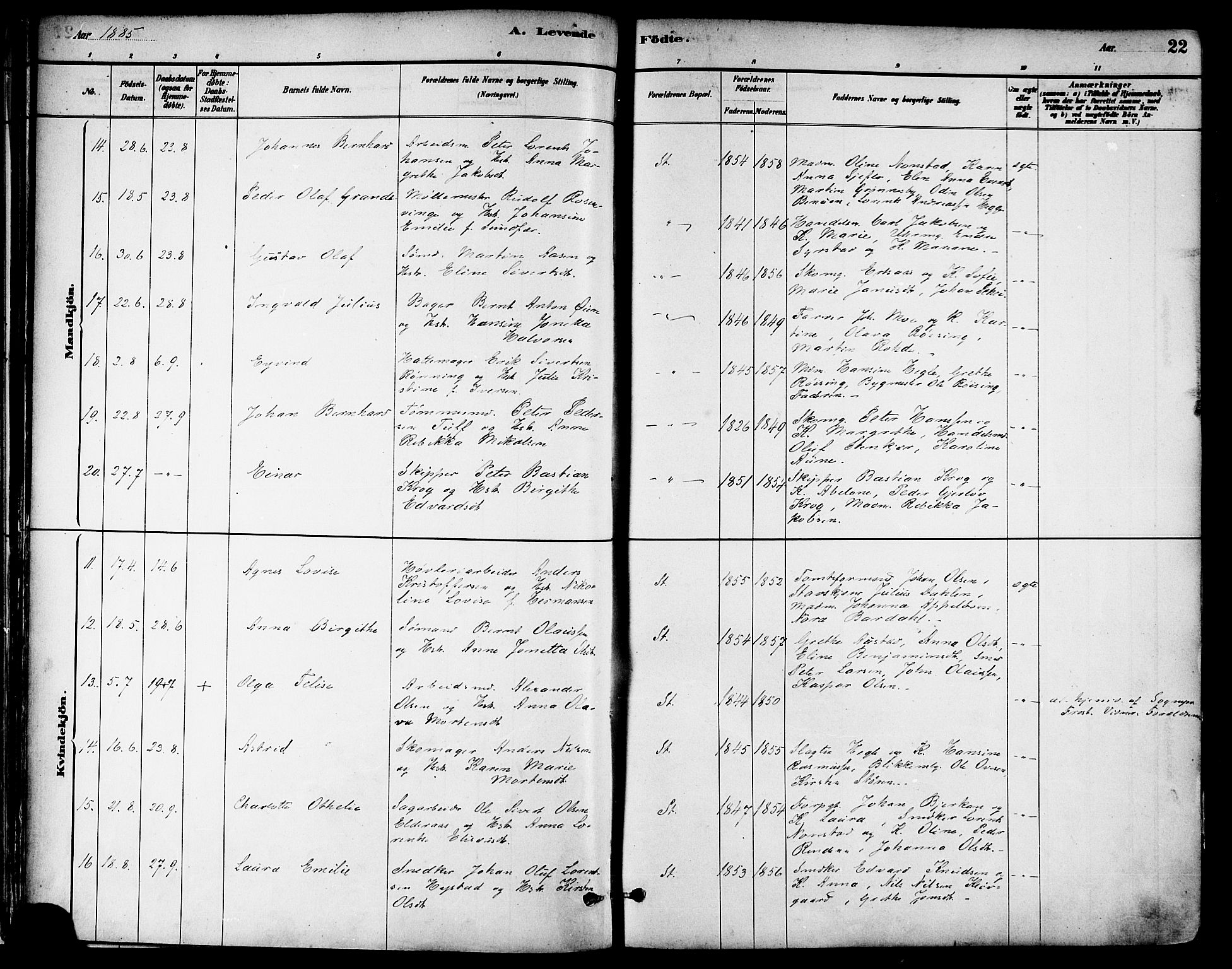 Ministerialprotokoller, klokkerbøker og fødselsregistre - Nord-Trøndelag, AV/SAT-A-1458/739/L0371: Parish register (official) no. 739A03, 1881-1895, p. 22